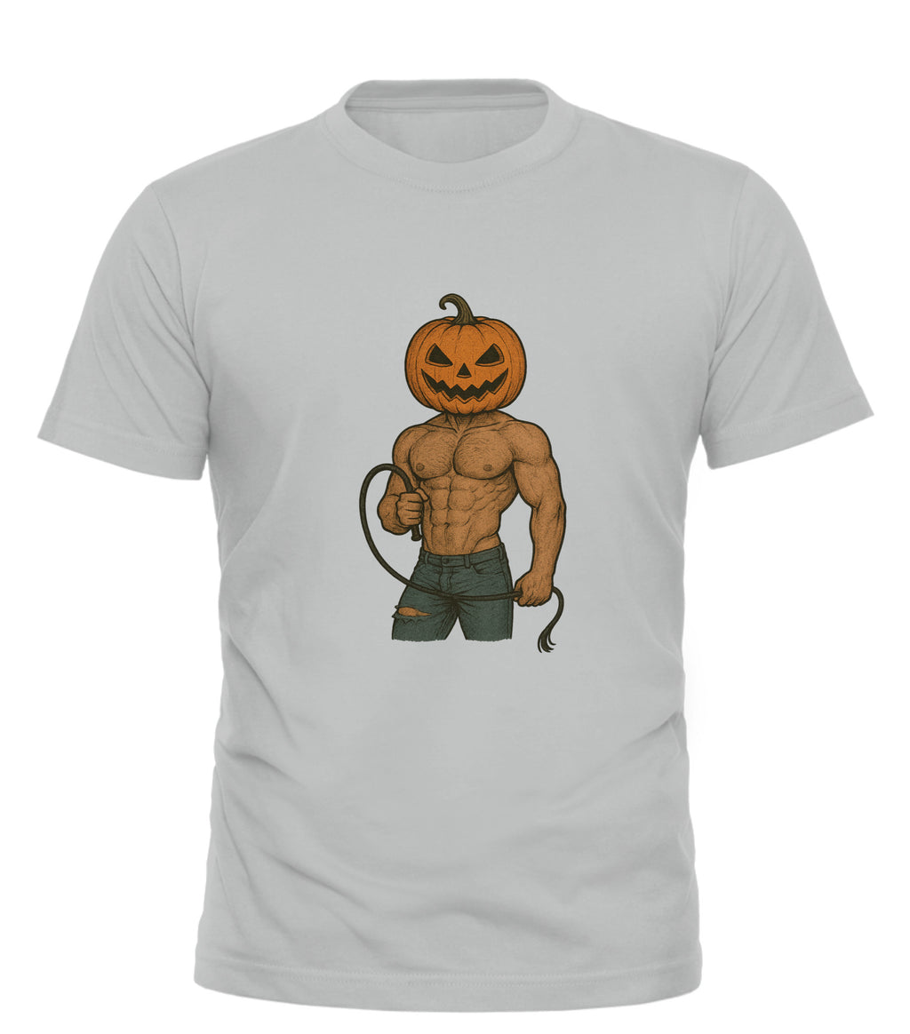 THICC Pump King Halloween tee light gray shirt featuring muscular pumpkin head figure in ripped shorts holding a whip