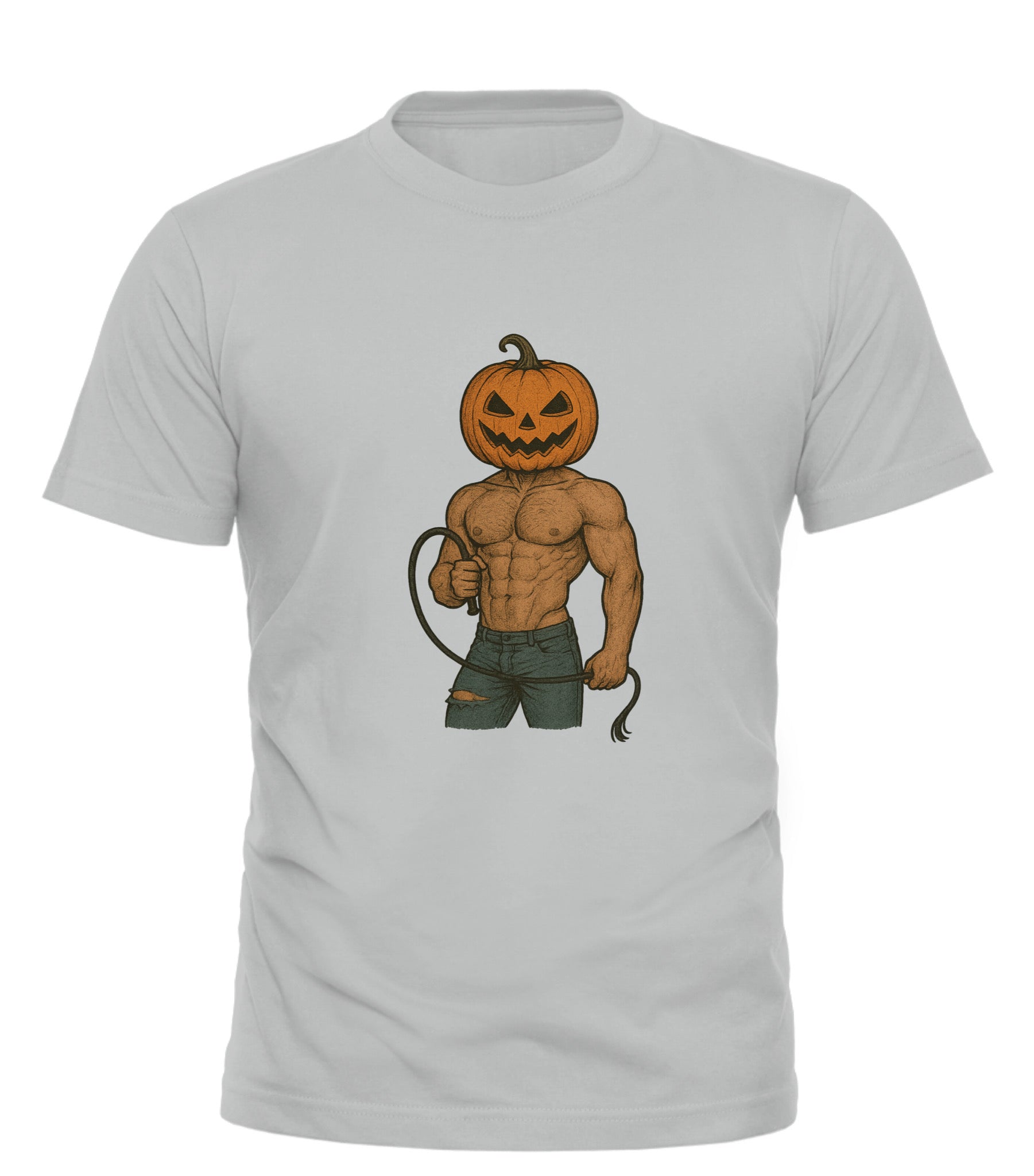 THICC Pump King Halloween tee light gray shirt featuring muscular pumpkin head figure in ripped shorts holding a whip