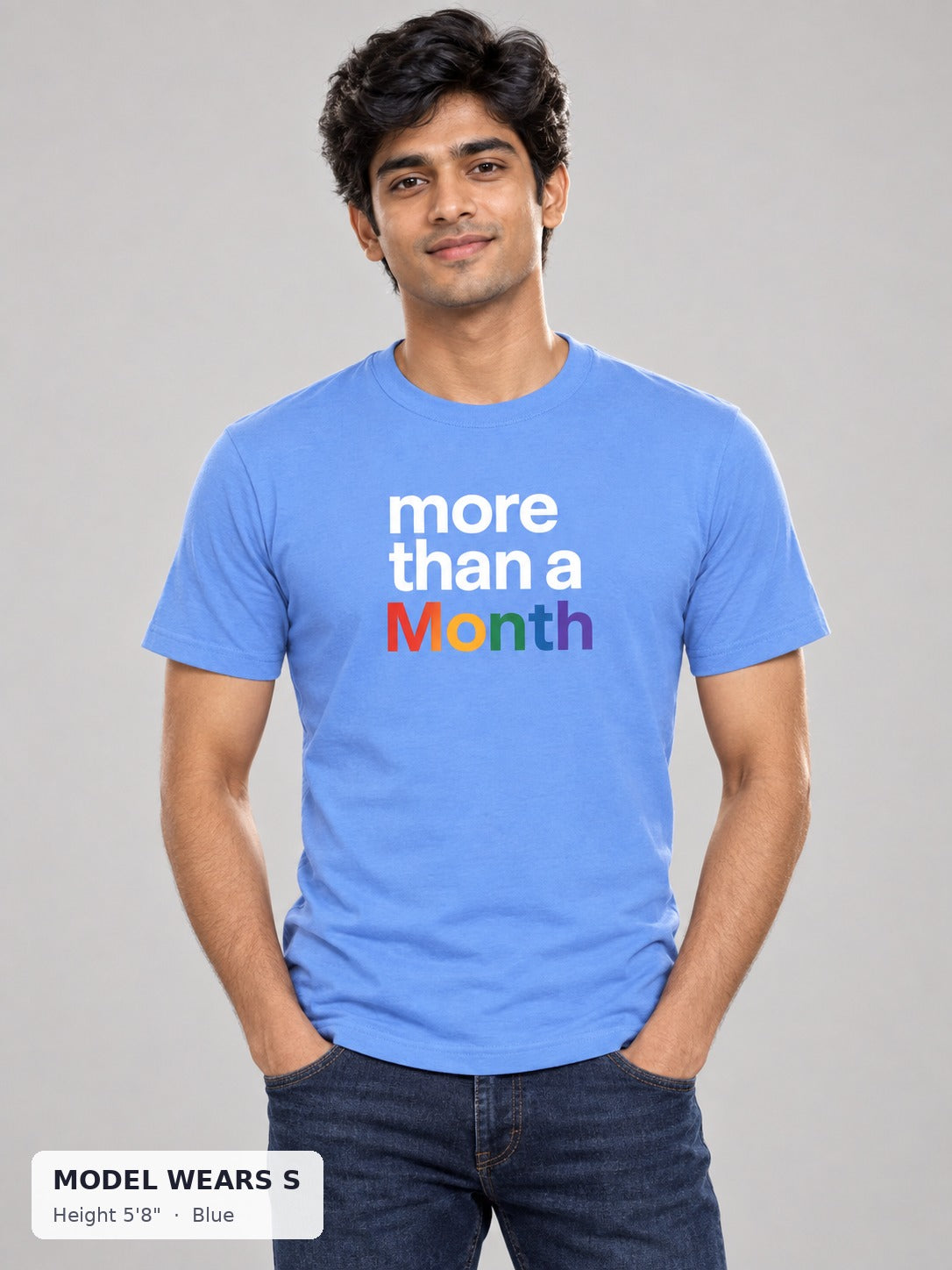 More Than a Month Pride Tee in Blue on a slim model wearing size S, 5'8" - Good Trouble Fashion