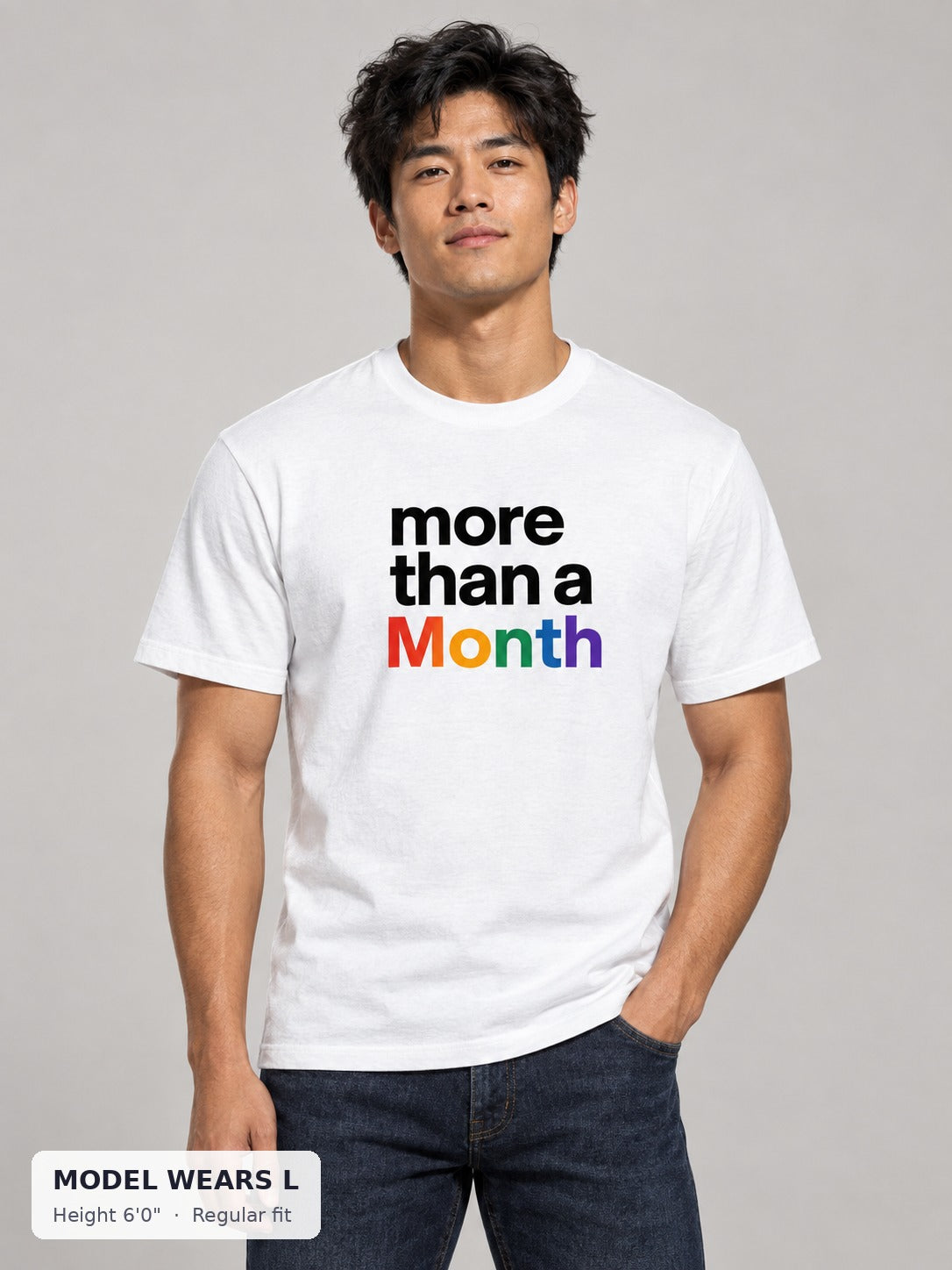 More Than a Month Pride Tee on an athletic model wearing size L, 6'0" - Good Trouble Fashion