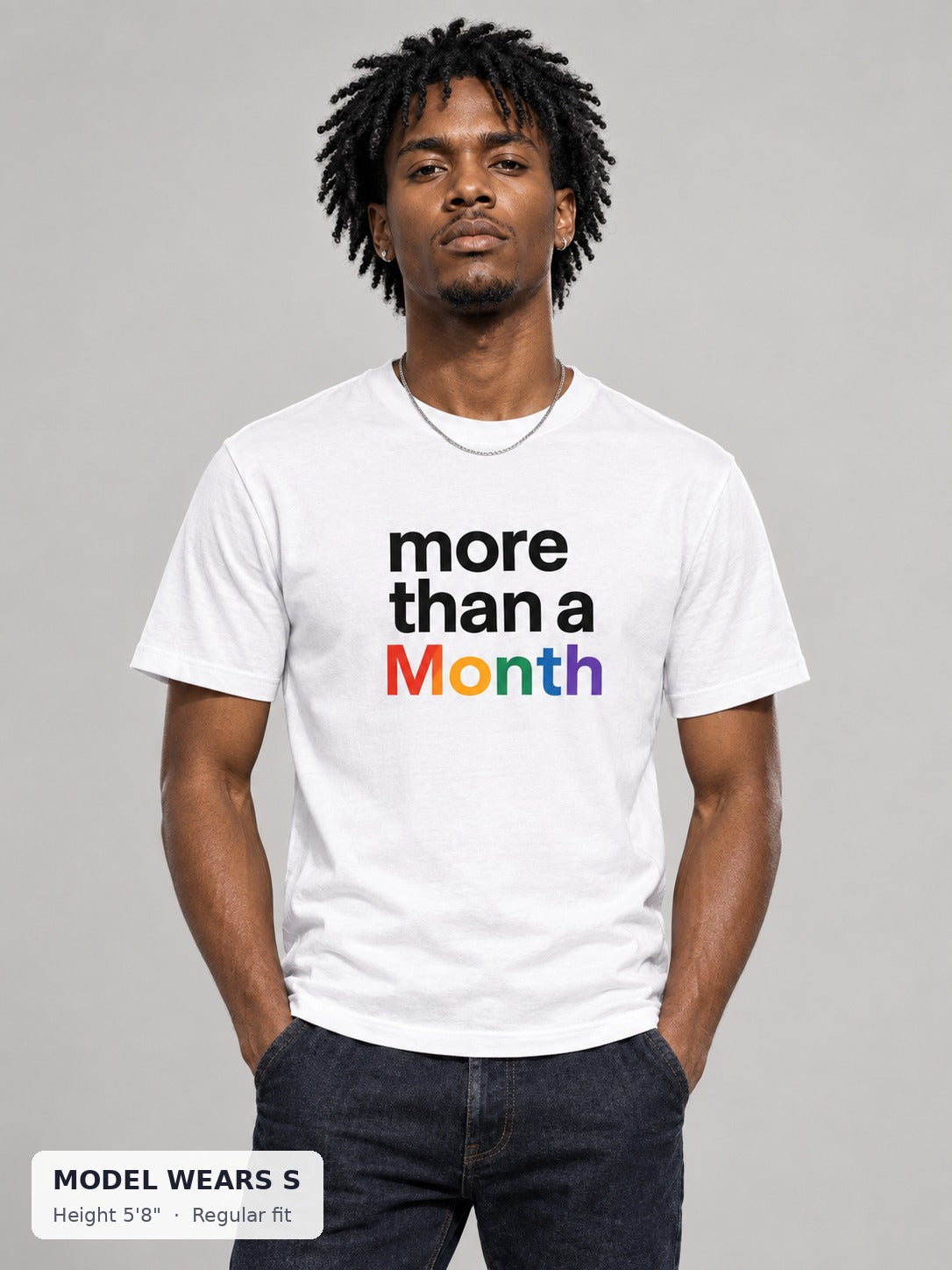 More Than a Month Pride Tee on a slim model wearing size S, 5'8" - Good Trouble Fashion