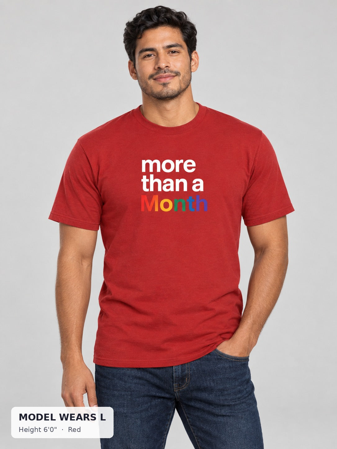 More Than a Month Pride Tee in Red on an athletic model wearing size L, 6'0" - Good Trouble Fashion