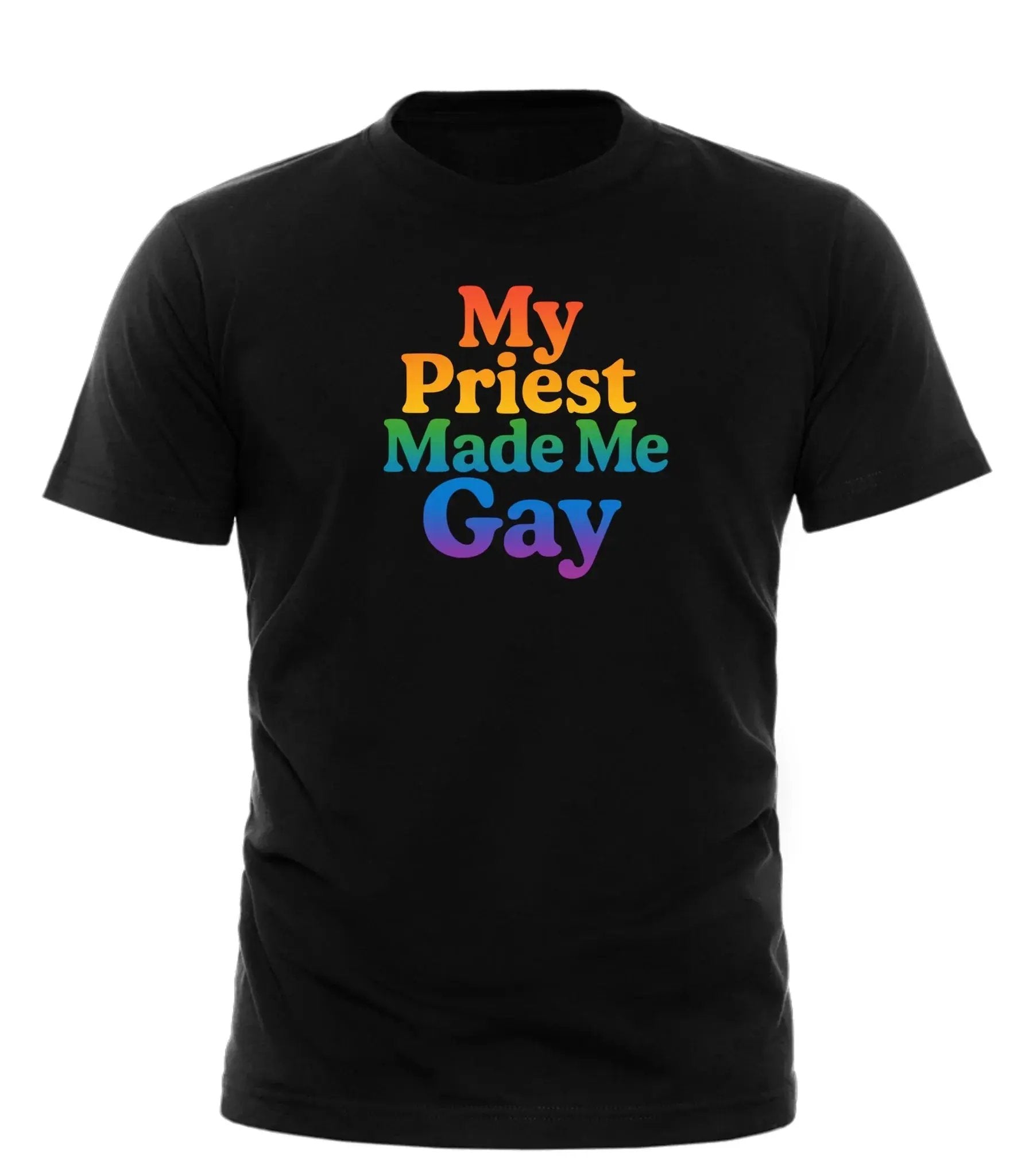 Black Good Trouble Garments My Priest Made Me Gay tee with colorful bold text on front