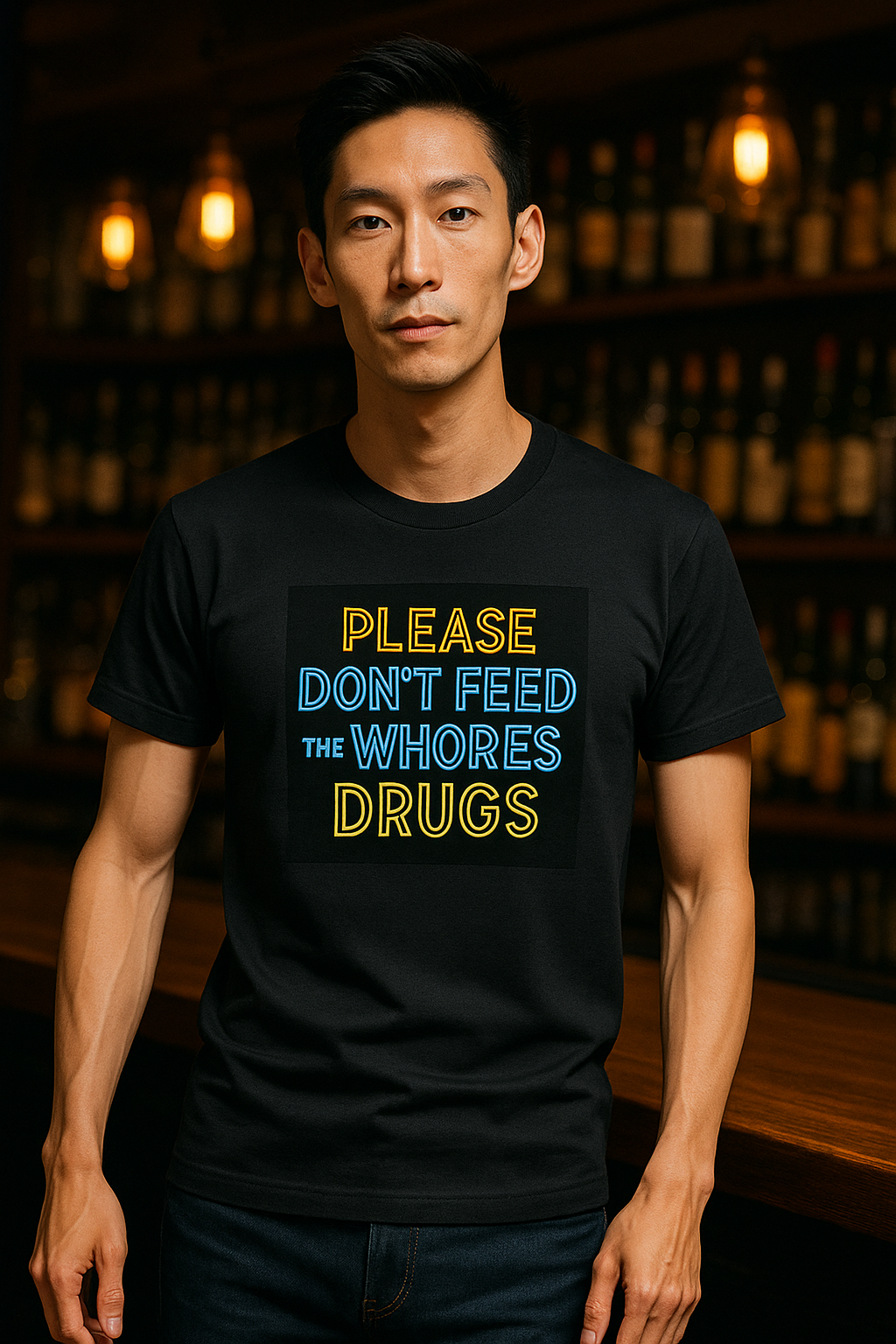 Please Don’t Feed the Whores Drugs Tee – unisex graphic cotton T-shirt from Good Trouble Fashion – soft jersey tee product photo