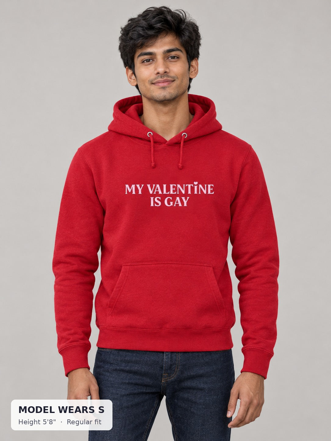 My Valentine Is Gay Hoodie on a slim model wearing size S, 5'8" - Good Trouble Fashion