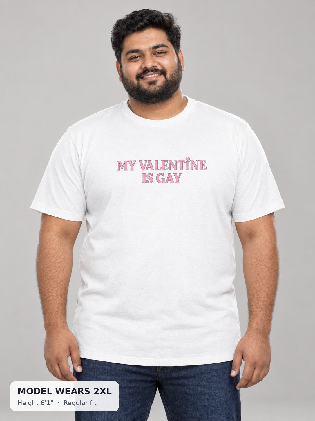 My Valentine Is Gay Tee on a plus-size model wearing size 2XL, 6'1" - Good Trouble Fashion