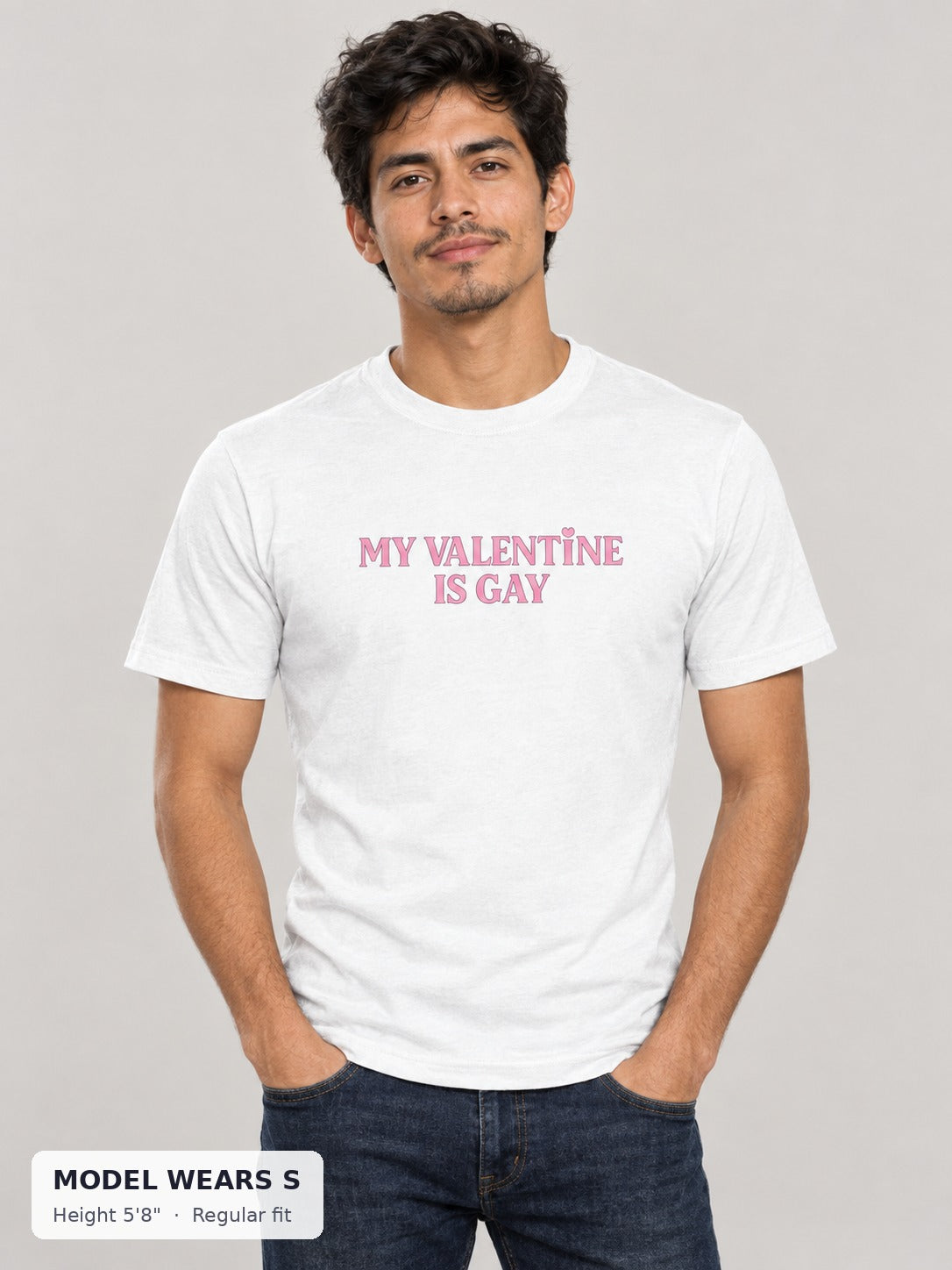 My Valentine Is Gay Tee on a slim model wearing size S, 5'8" - Good Trouble Fashion