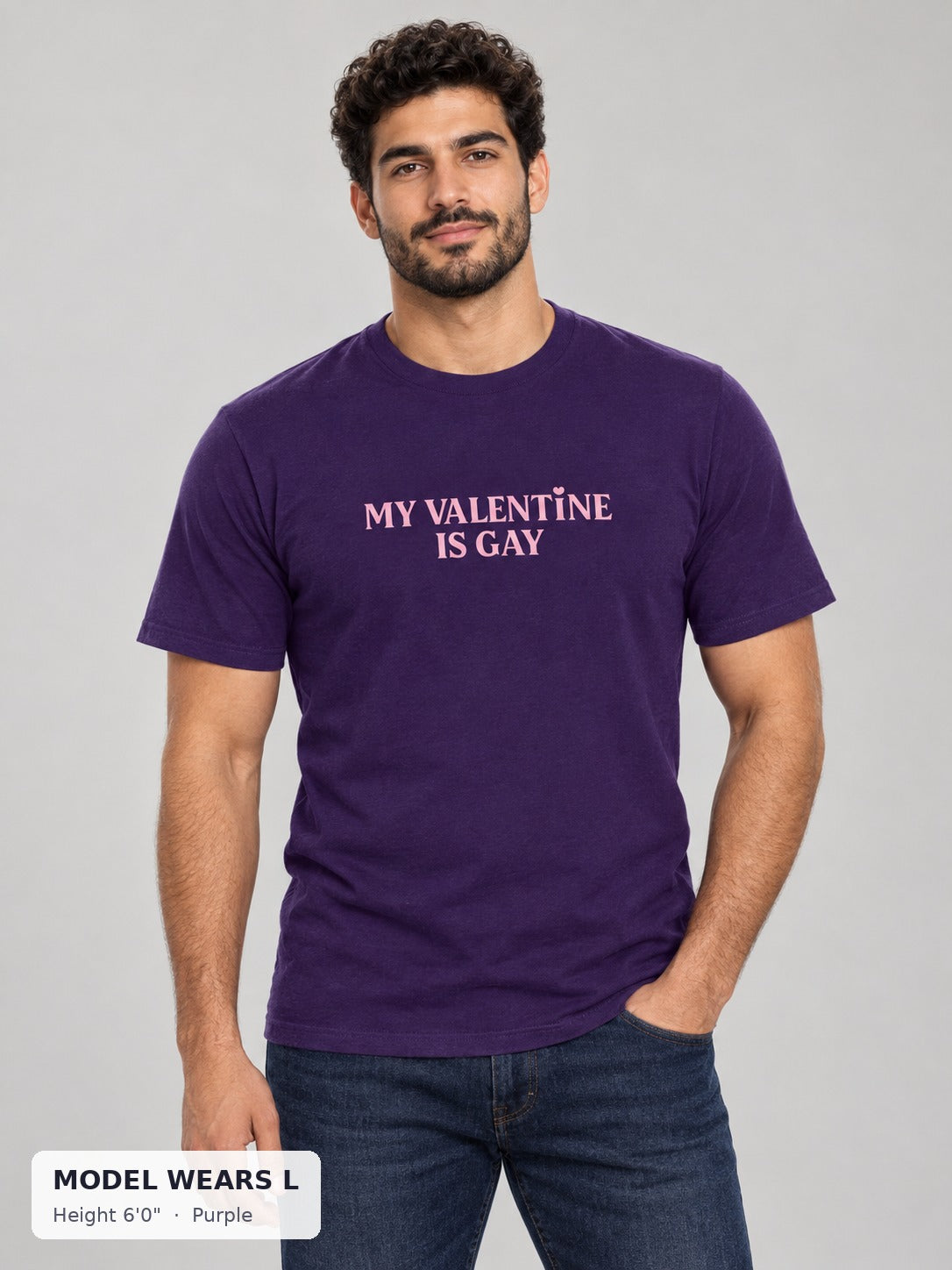 My Valentine Is Gay Tee in Purple on an athletic model wearing size L, 6'0" - Good Trouble Fashion