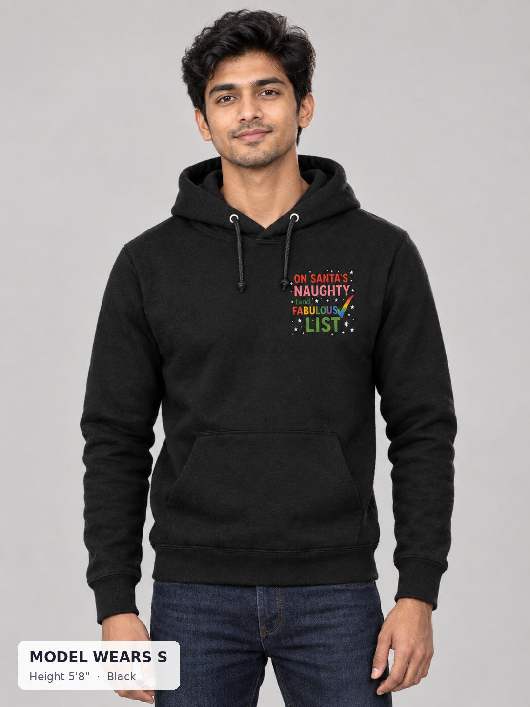 Naughty & Fabulous Holiday Hoodie in Black on a slim model wearing size S, 5'8" - Good Trouble Fashion
