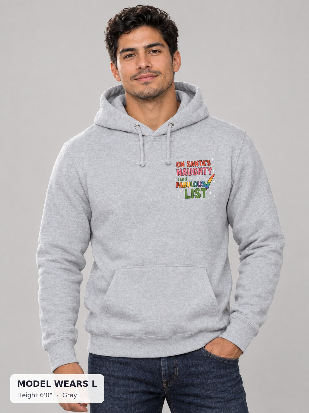 Naughty & Fabulous Holiday Hoodie in Gray on an athletic model wearing size L, 6'0" - Good Trouble Fashion