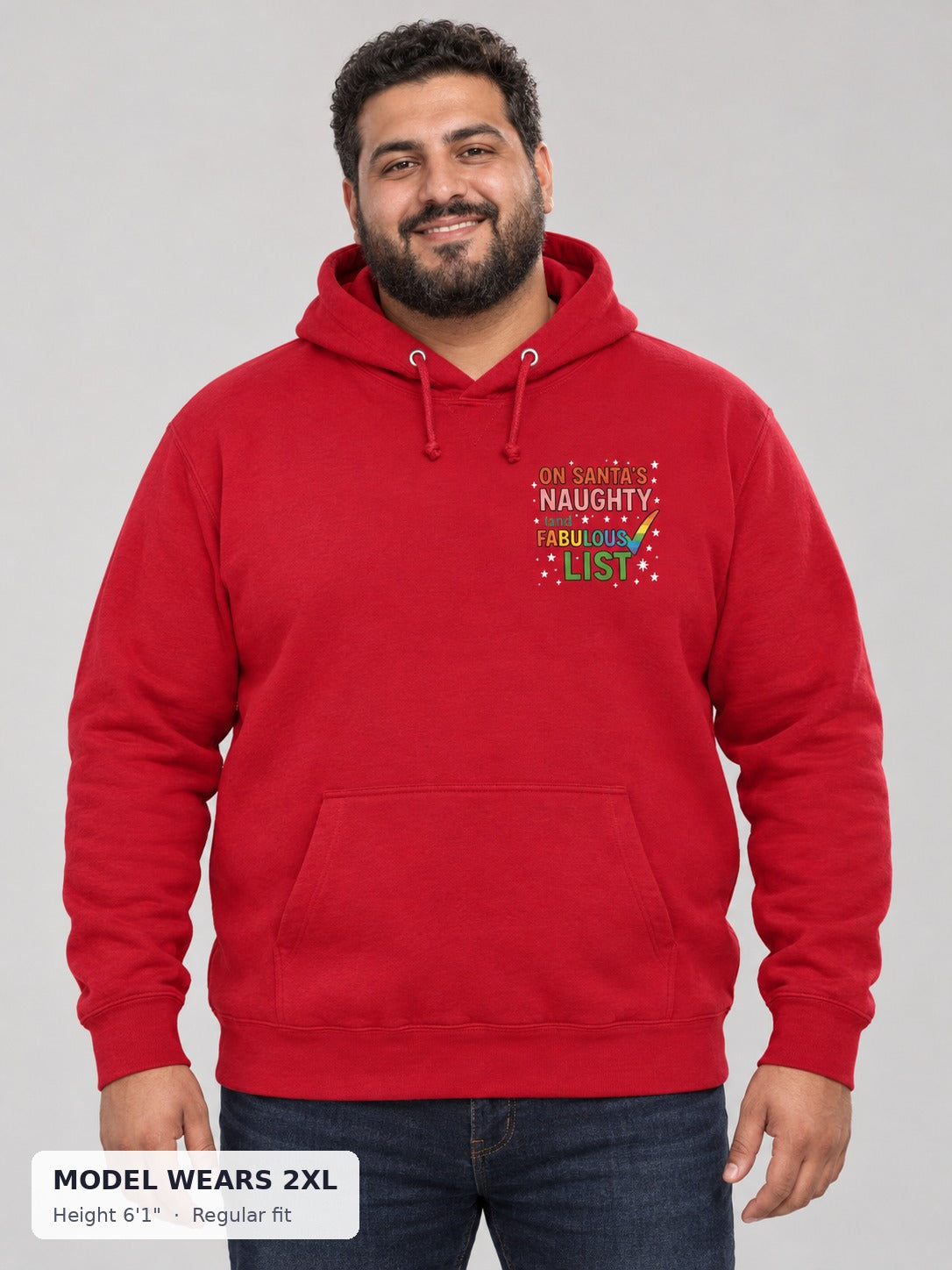 Naughty & Fabulous Holiday Hoodie on a plus-size model wearing size 2XL, 6'1" - Good Trouble Fashion