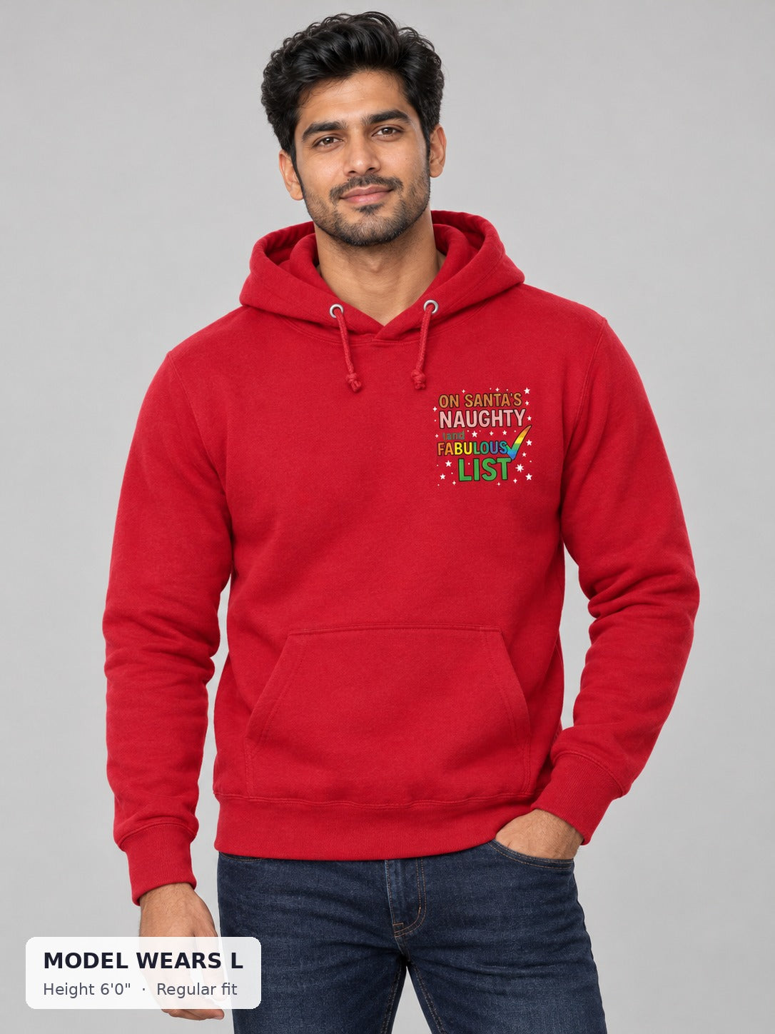 Naughty & Fabulous Holiday Hoodie on an athletic model wearing size L, 6'0" - Good Trouble Fashion