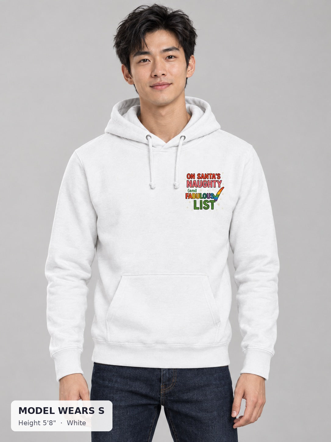 Naughty & Fabulous Holiday Hoodie in White on a slim model wearing size S, 5'8" - Good Trouble Fashion