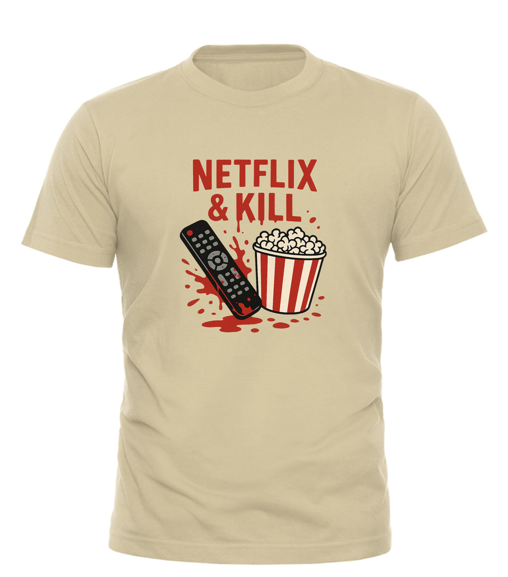 Good Trouble Garments Netflix and Kill shirt beige with remote and popcorn graphic
