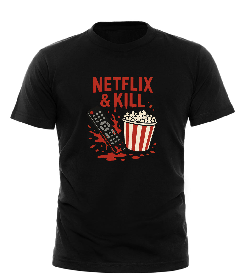 Black Good Trouble Garments Netflix and Kill shirt with remote and popcorn graphic
