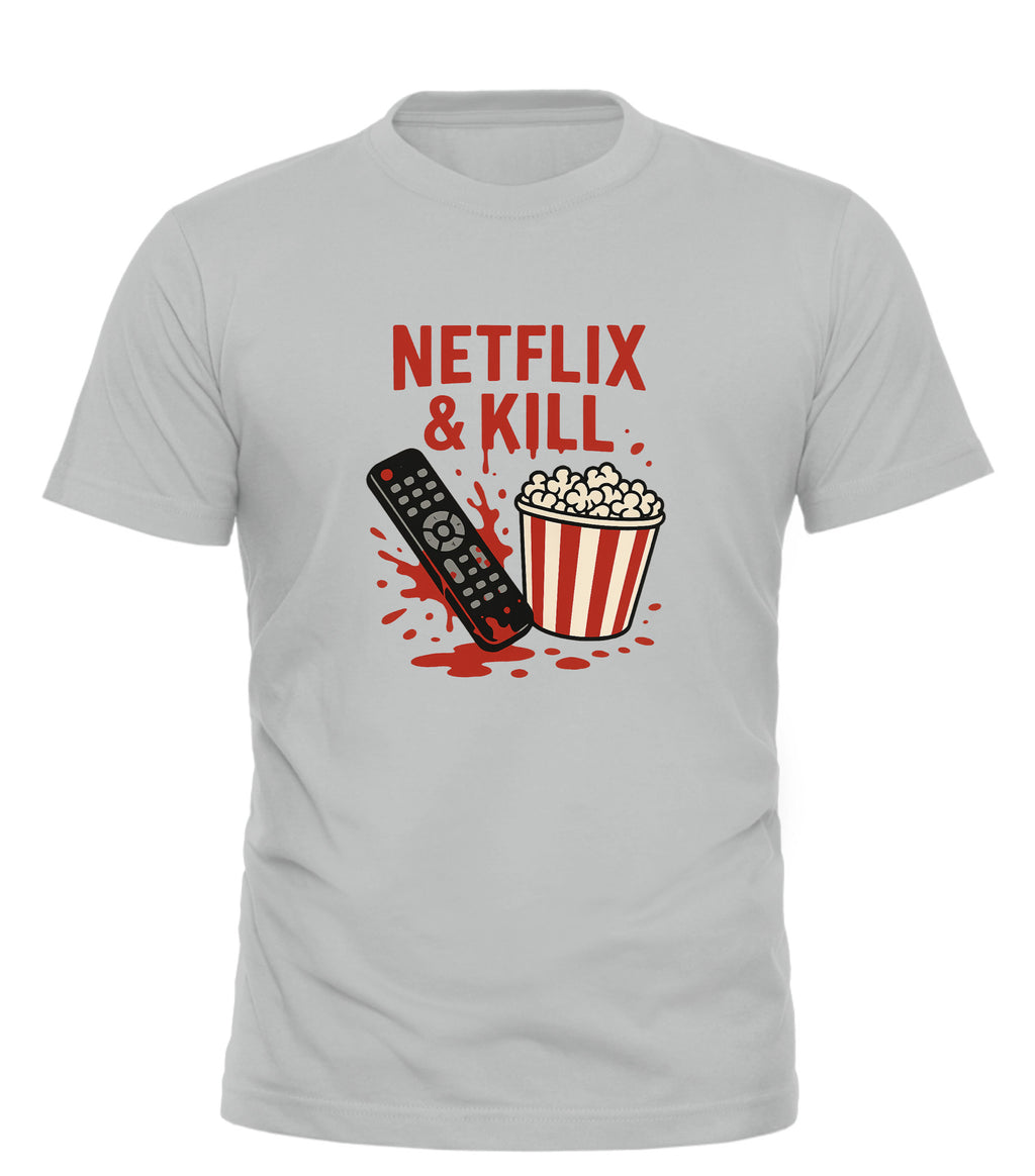Good Trouble Garments Netflix and Kill shirt with remote and popcorn graphic on light gray