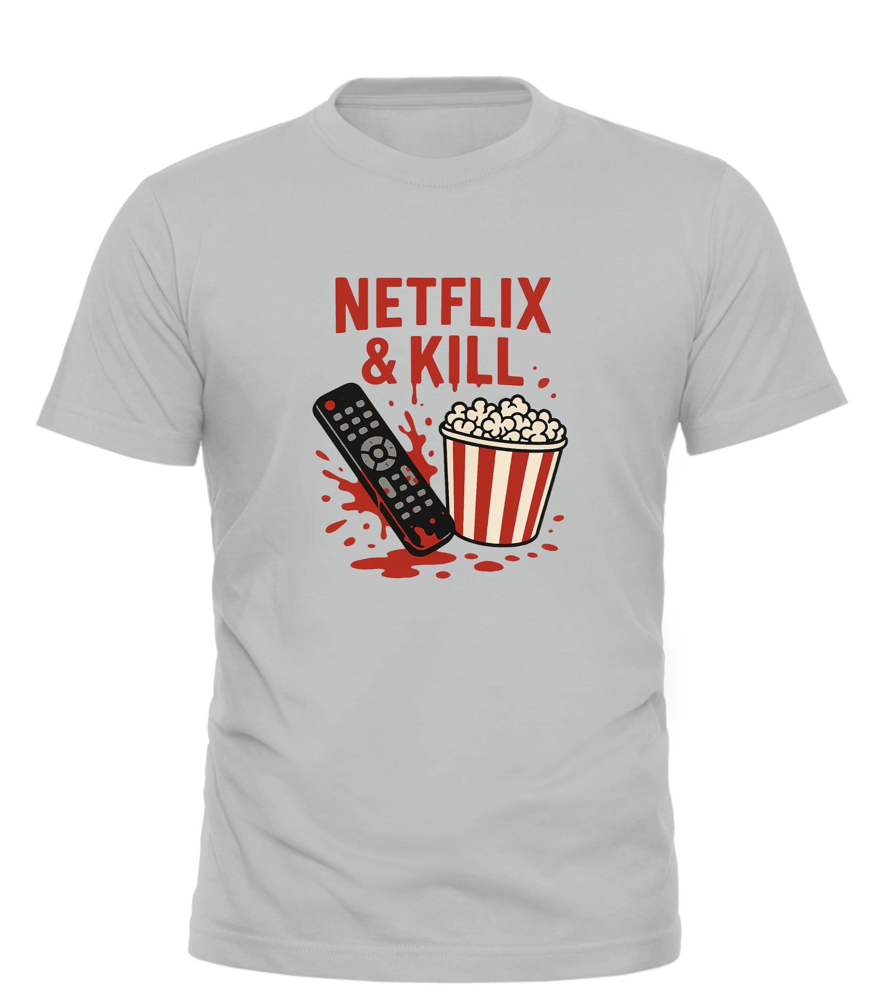 Good Trouble Garments Netflix and Kill shirt with remote and popcorn graphic on light gray