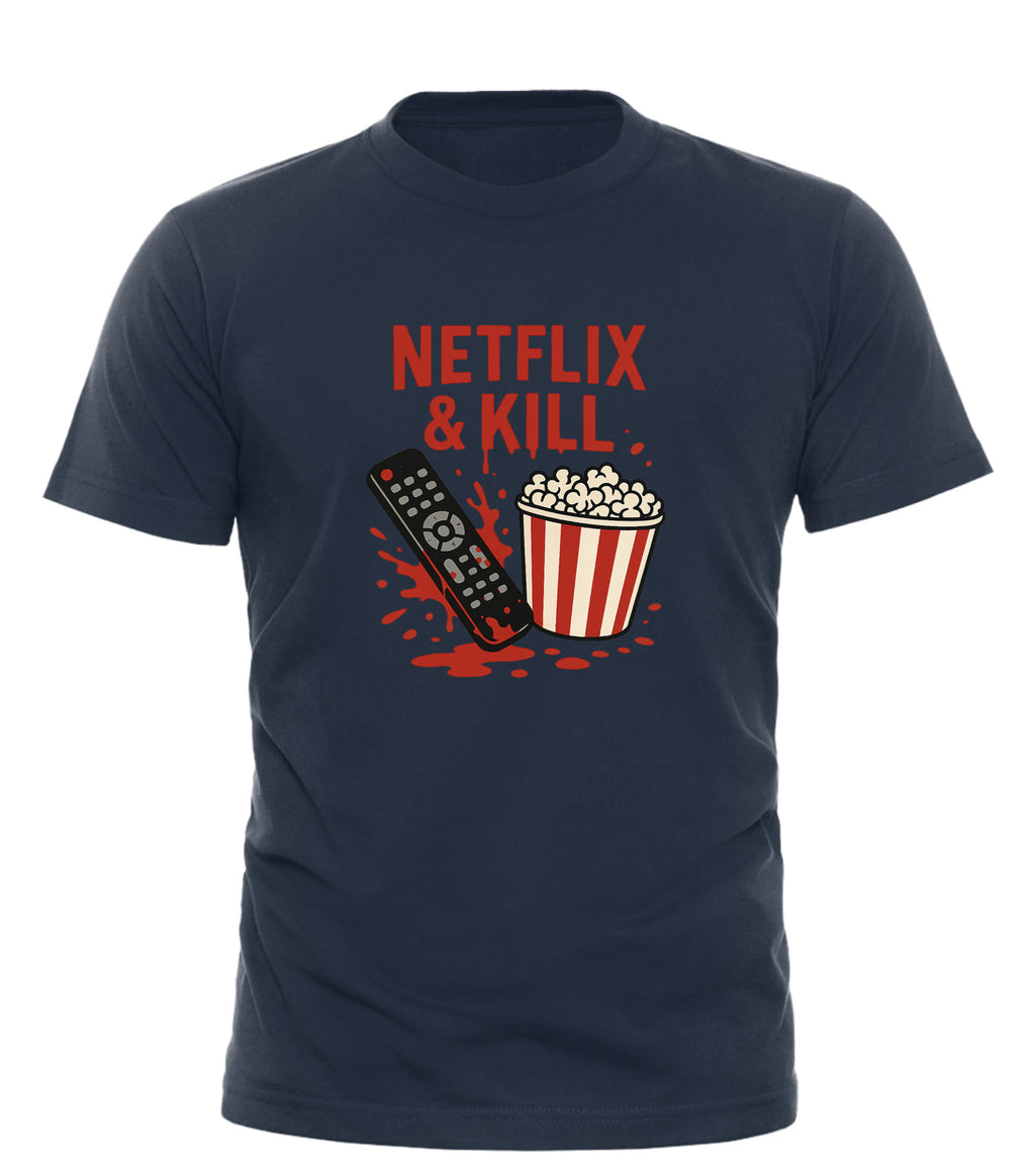 Good Trouble Garments Netflix and Kill shirt with remote control and popcorn graphic on black tee