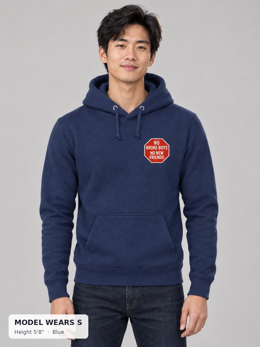 No Broke Boys Hoodie in Blue on a slim model wearing size S, 5'8" - Good Trouble Fashion