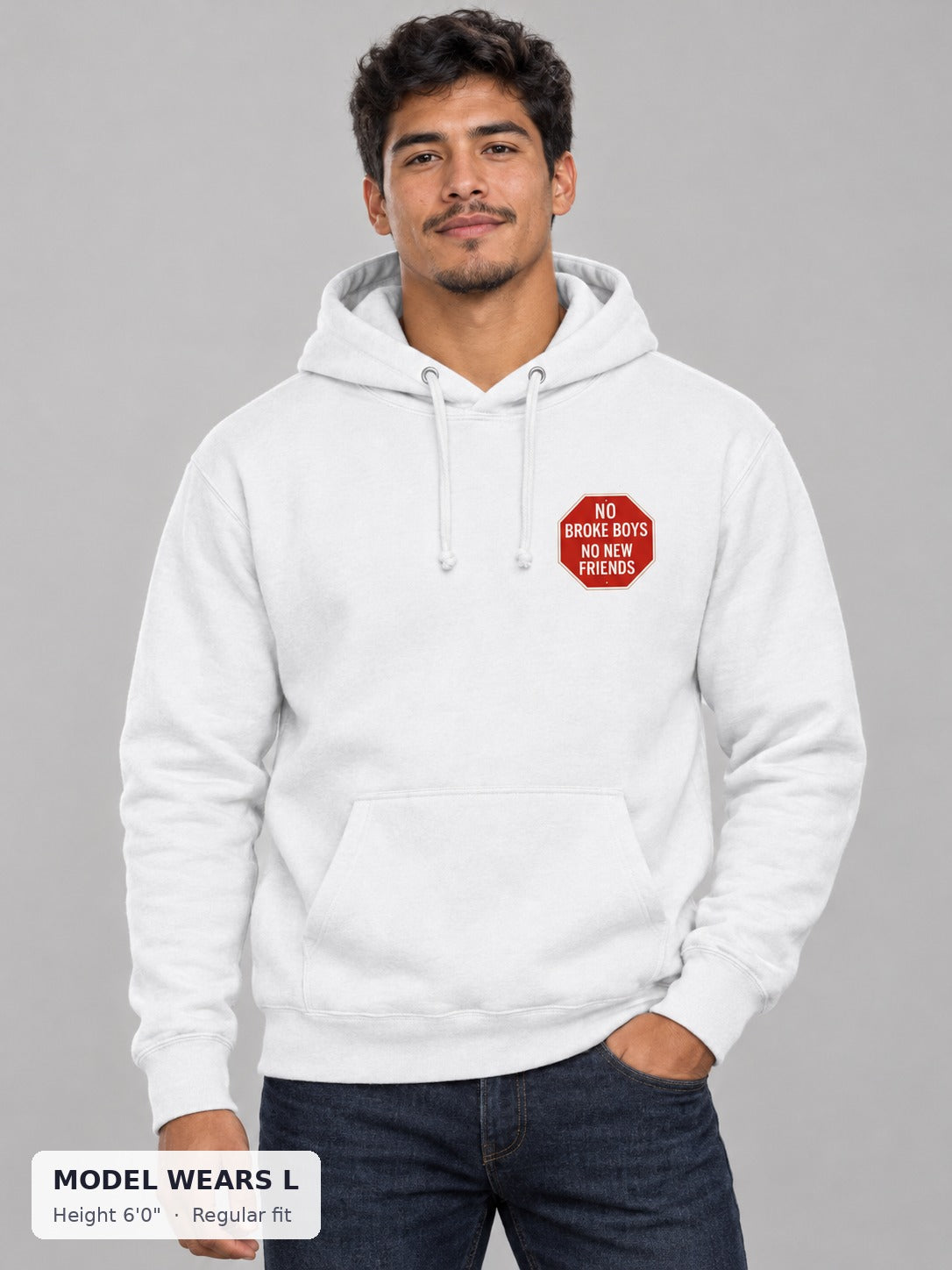 No Broke Boys Hoodie on an athletic model wearing size L, 6'0" - Good Trouble Fashion