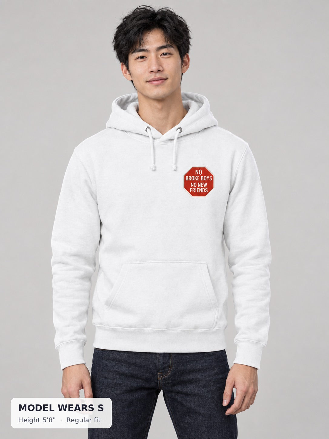 No Broke Boys Hoodie on a slim model wearing size S, 5'8" - Good Trouble Fashion