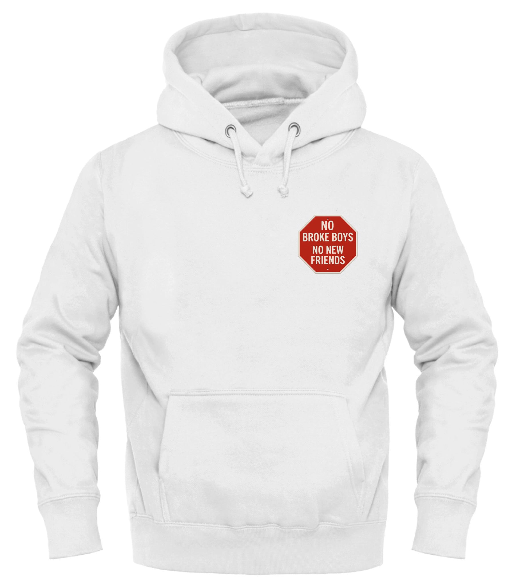 White No Broke Boys hoodie with bold graphic design, perfect for stylish casual wear