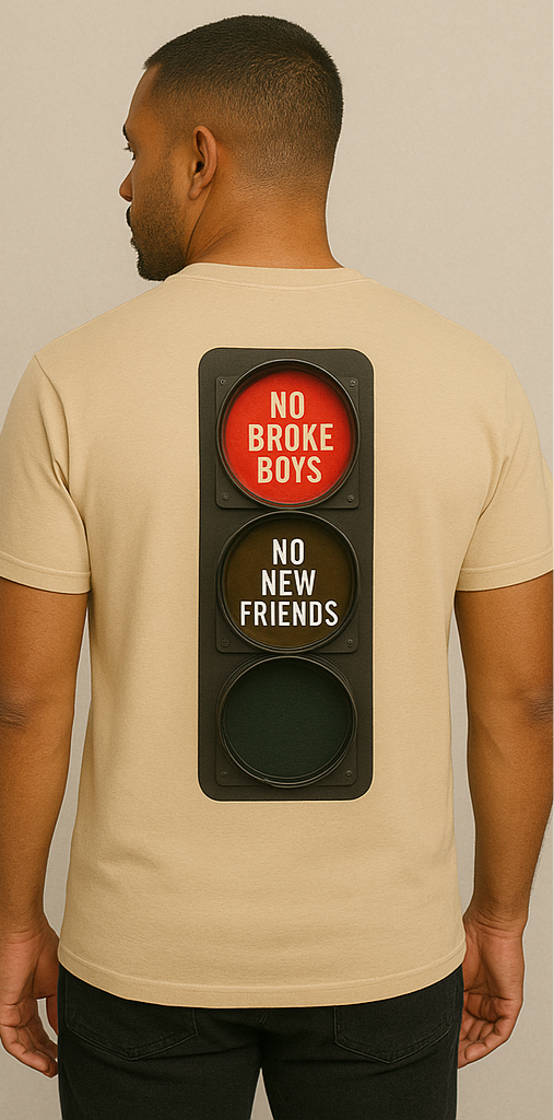 No Broke Boys T-Shirt by Good Trouble Garments featuring a traffic light design on the back