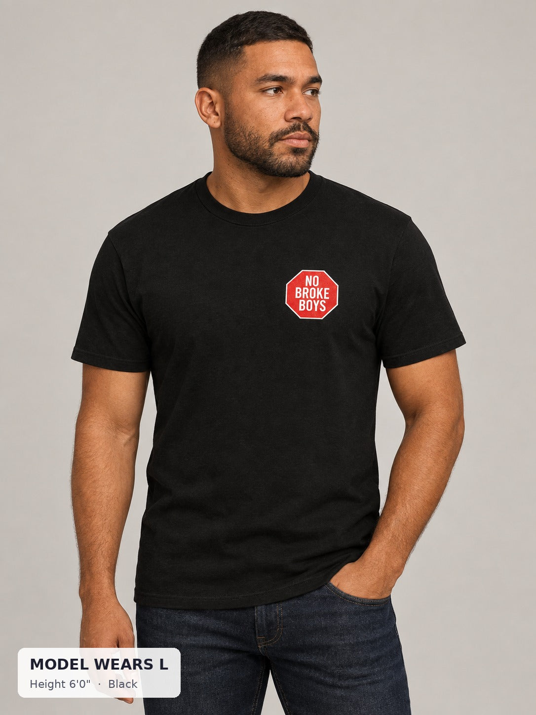 No Broke Boys T-Shirt in Black on an athletic model wearing size L, 6'0" - Good Trouble Fashion