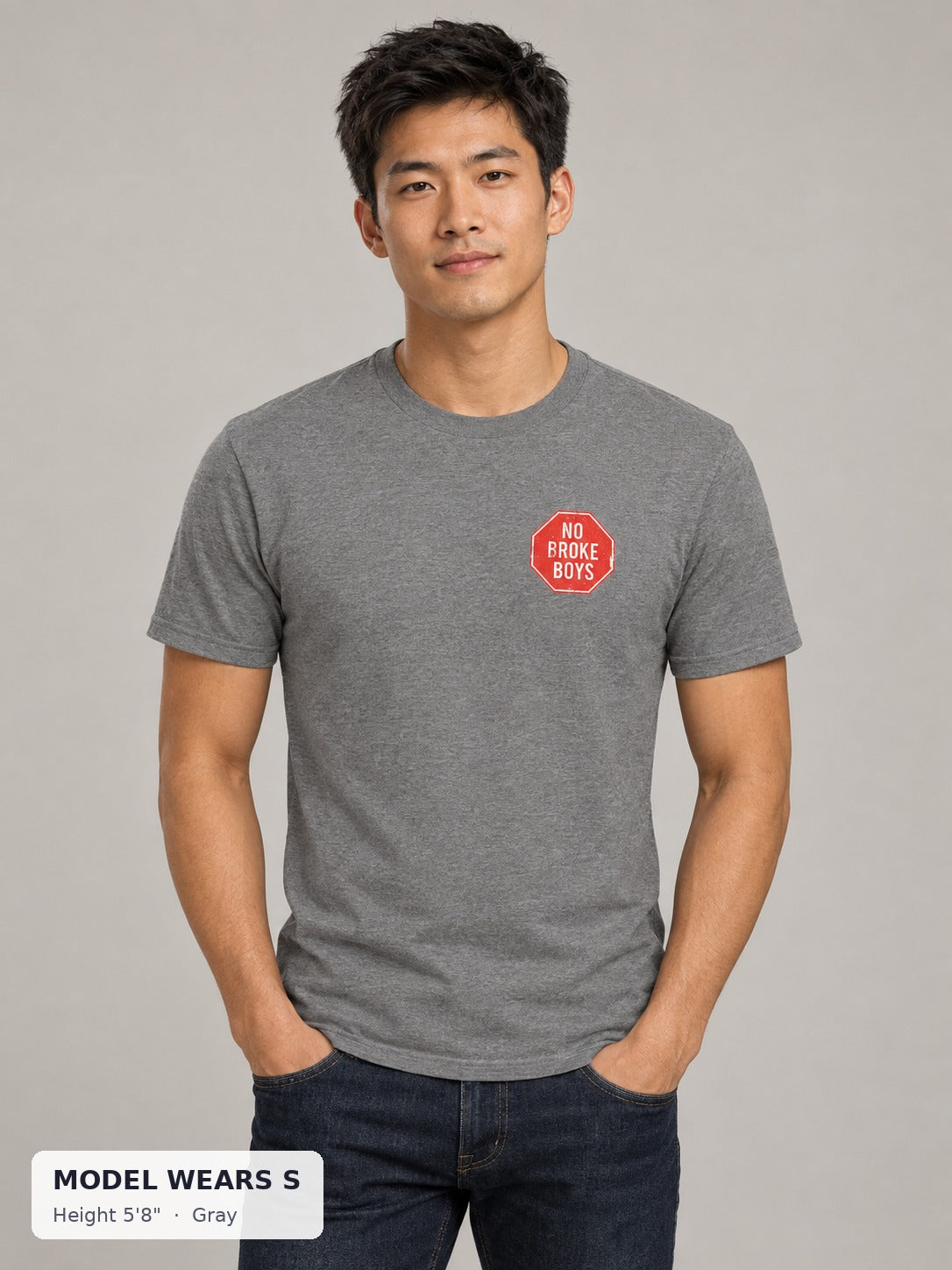No Broke Boys T-Shirt in Gray on a slim model wearing size S, 5'8" - Good Trouble Fashion