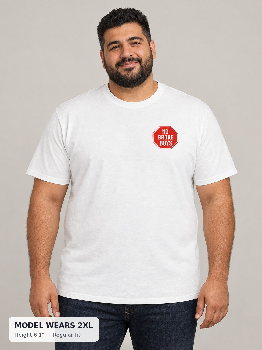 No Broke Boys T-Shirt on a plus-size model wearing size 2XL, 6'1" - Good Trouble Fashion