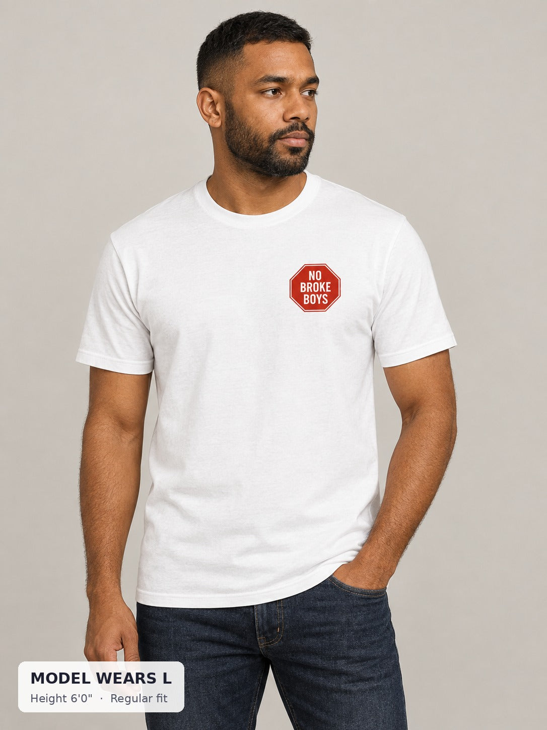 No Broke Boys T-Shirt on an athletic model wearing size L, 6'0" - Good Trouble Fashion