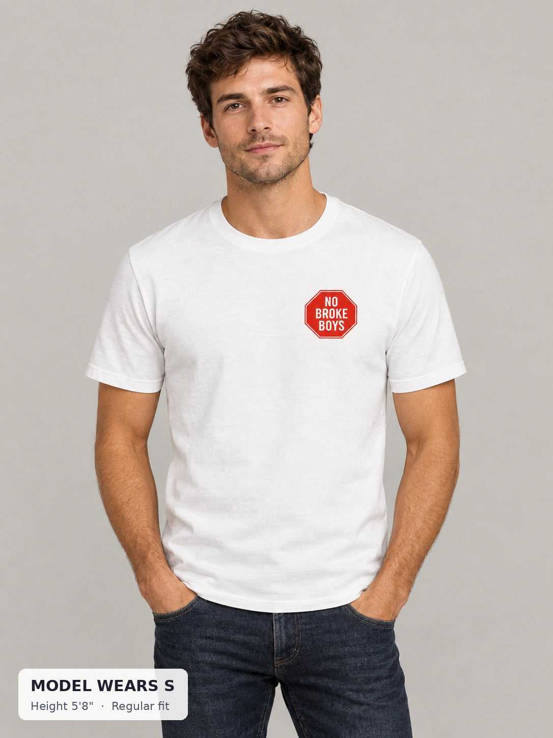 No Broke Boys T-Shirt on a slim model wearing size S, 5'8" - Good Trouble Fashion