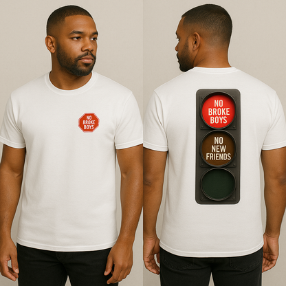 White no broke boys t-shirt featuring a traffic light graphic and bold messaging on the back