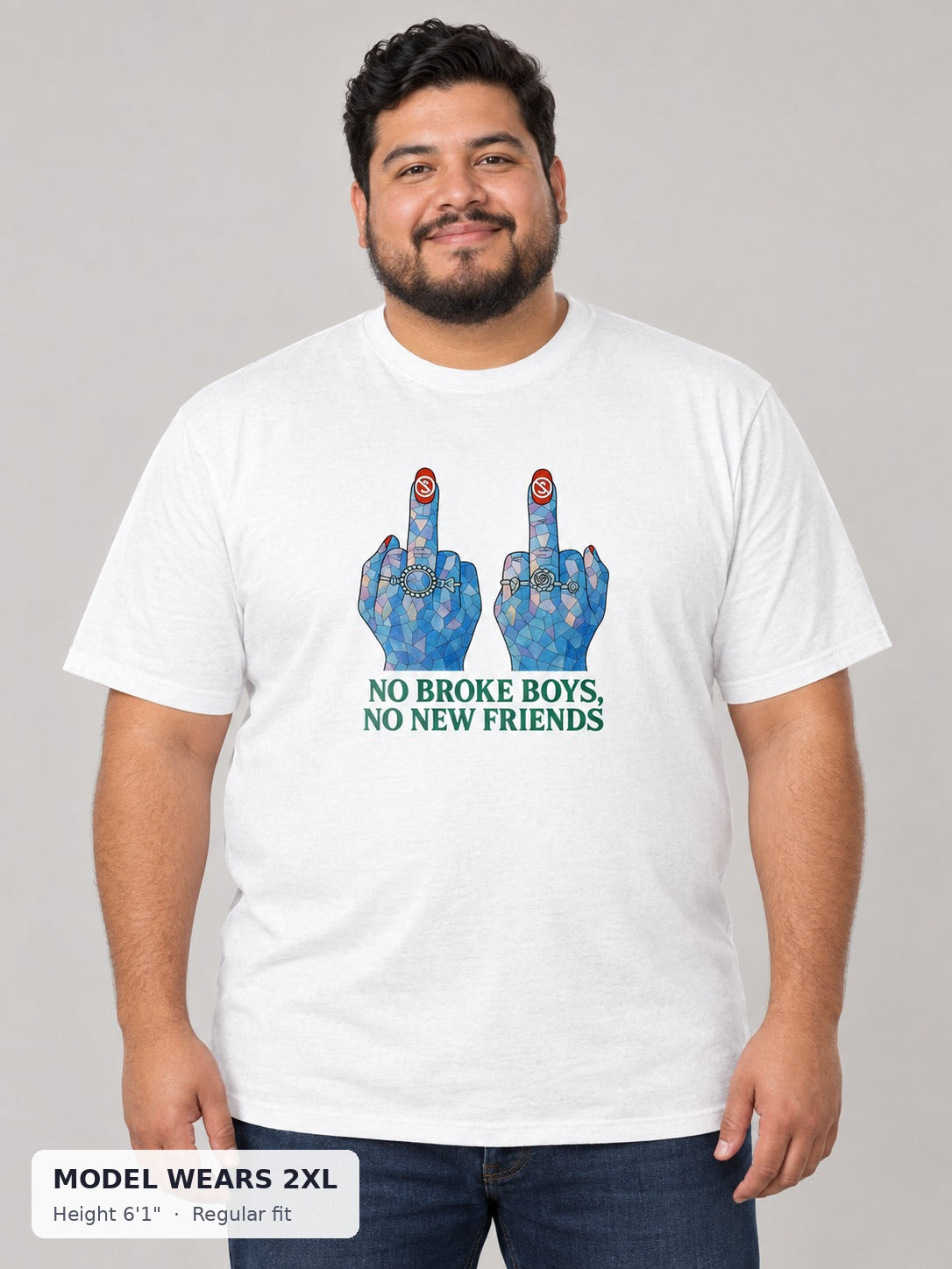 No Broke Boys Tee on a plus-size model wearing size 2XL, 6'1" - Good Trouble Fashion