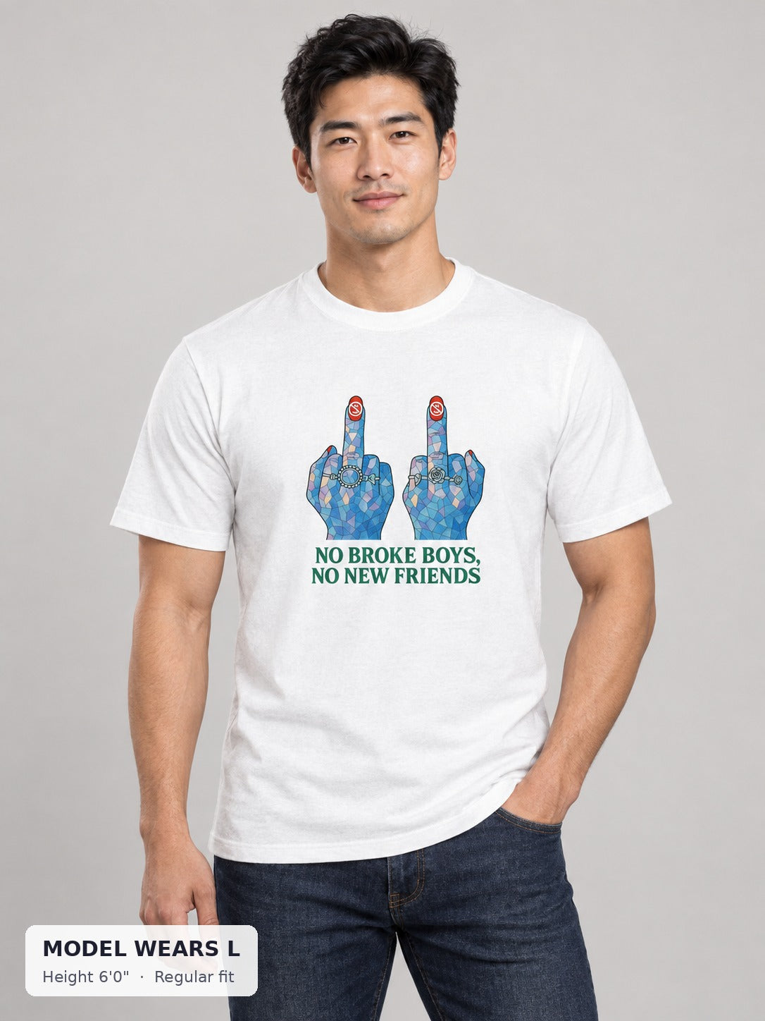 No Broke Boys Tee on an athletic model wearing size L, 6'0" - Good Trouble Fashion