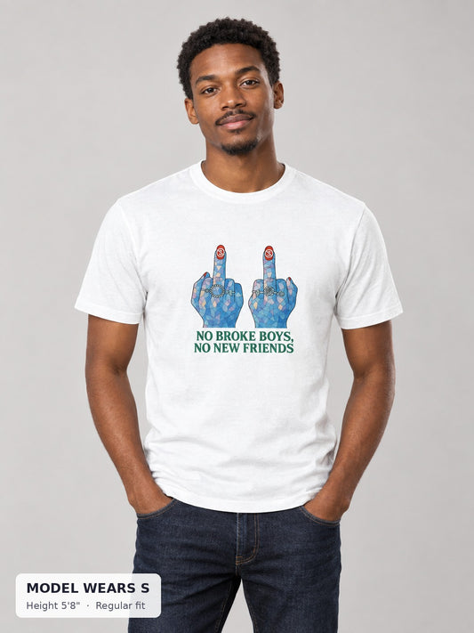 No Broke Boys Tee on a slim model wearing size S, 5'8" - Good Trouble Fashion