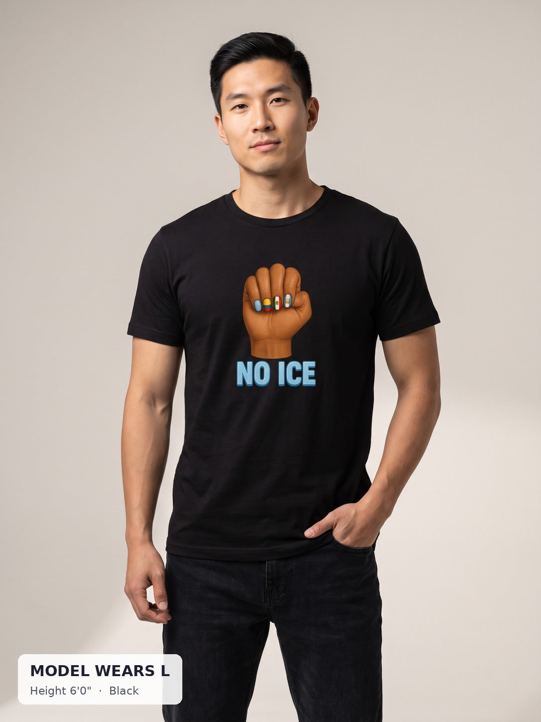 No Ice Tee in Black on an athletic model wearing size L, 6'0" - Good Trouble Fashion
