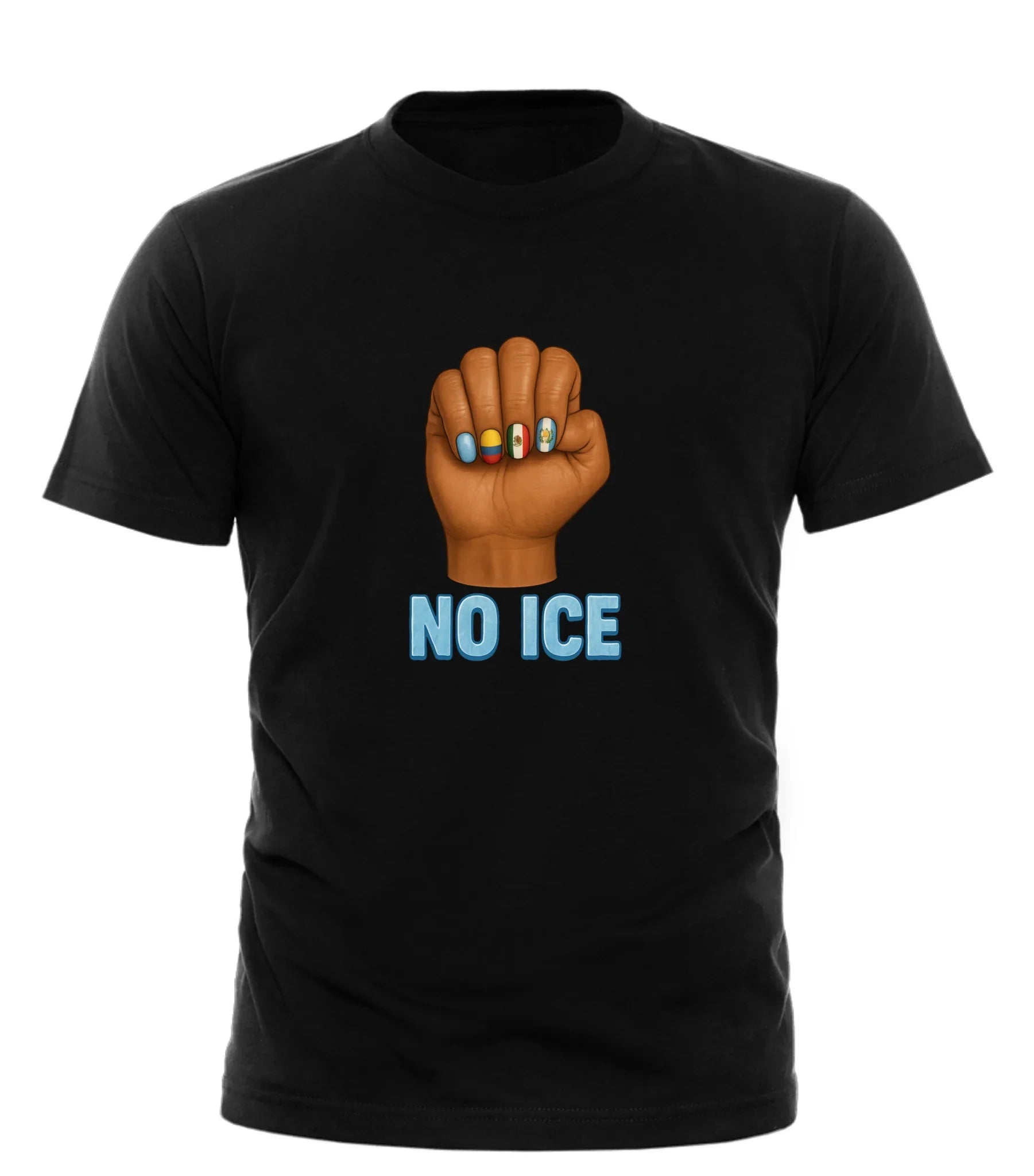 Black no ice tee shirt with raised fist graphic and colorful nail art by Good Trouble Fashion