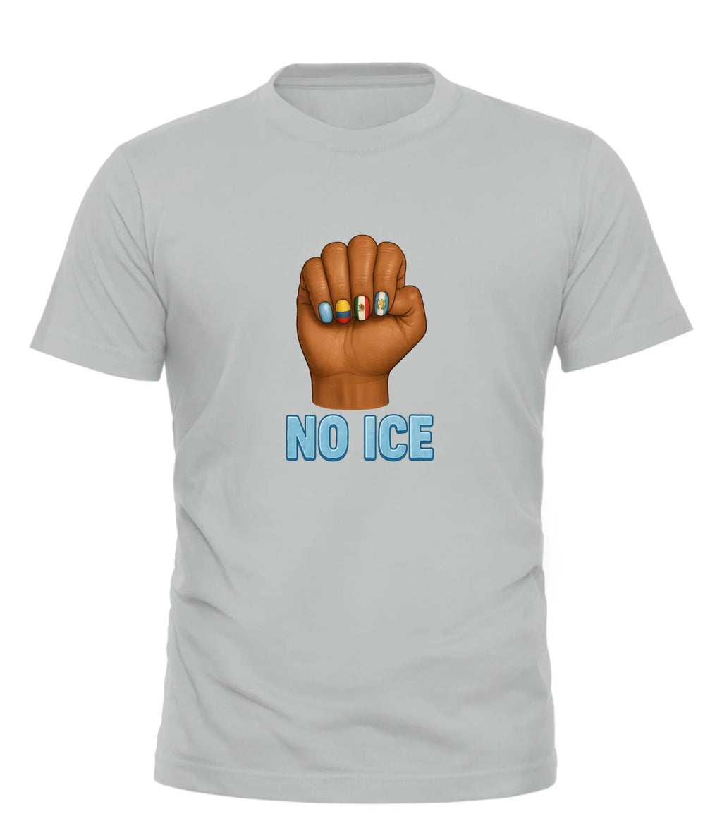 Good Trouble Garments no ice tee shirt with raised fist and colorful nails graphic on light gray fabric