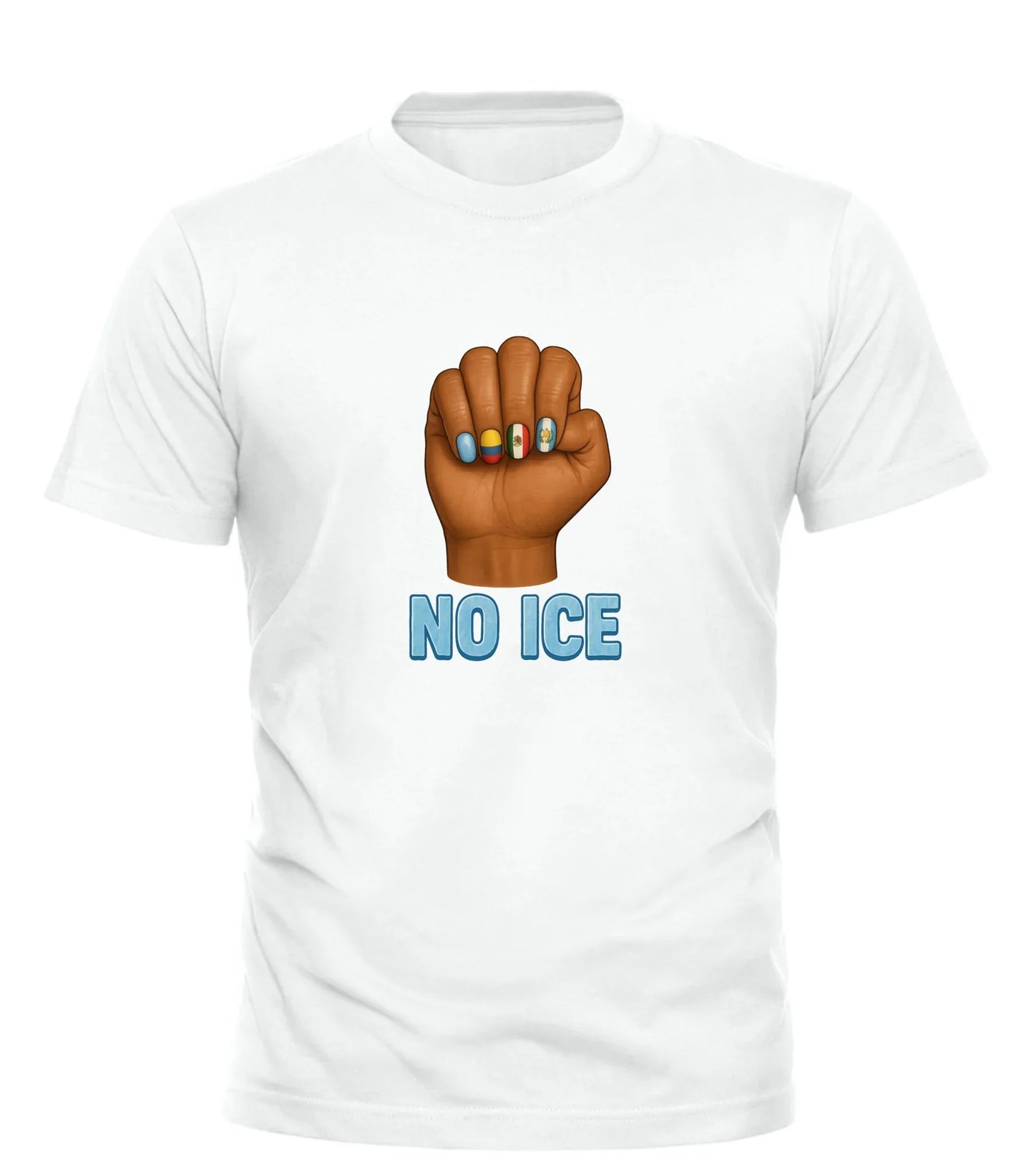 White no ice tee shirt featuring a raised fist with colorful nail art and no ice text
