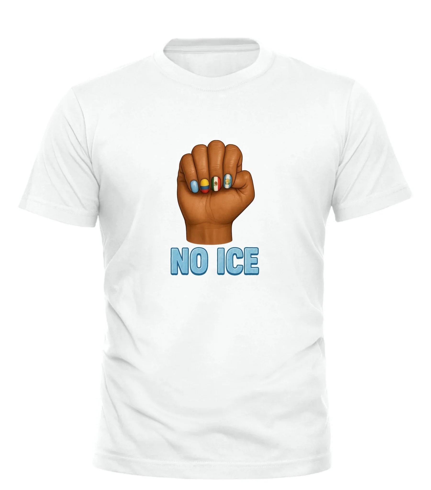 White no ice tee shirt featuring a raised fist with colorful nail art and no ice text