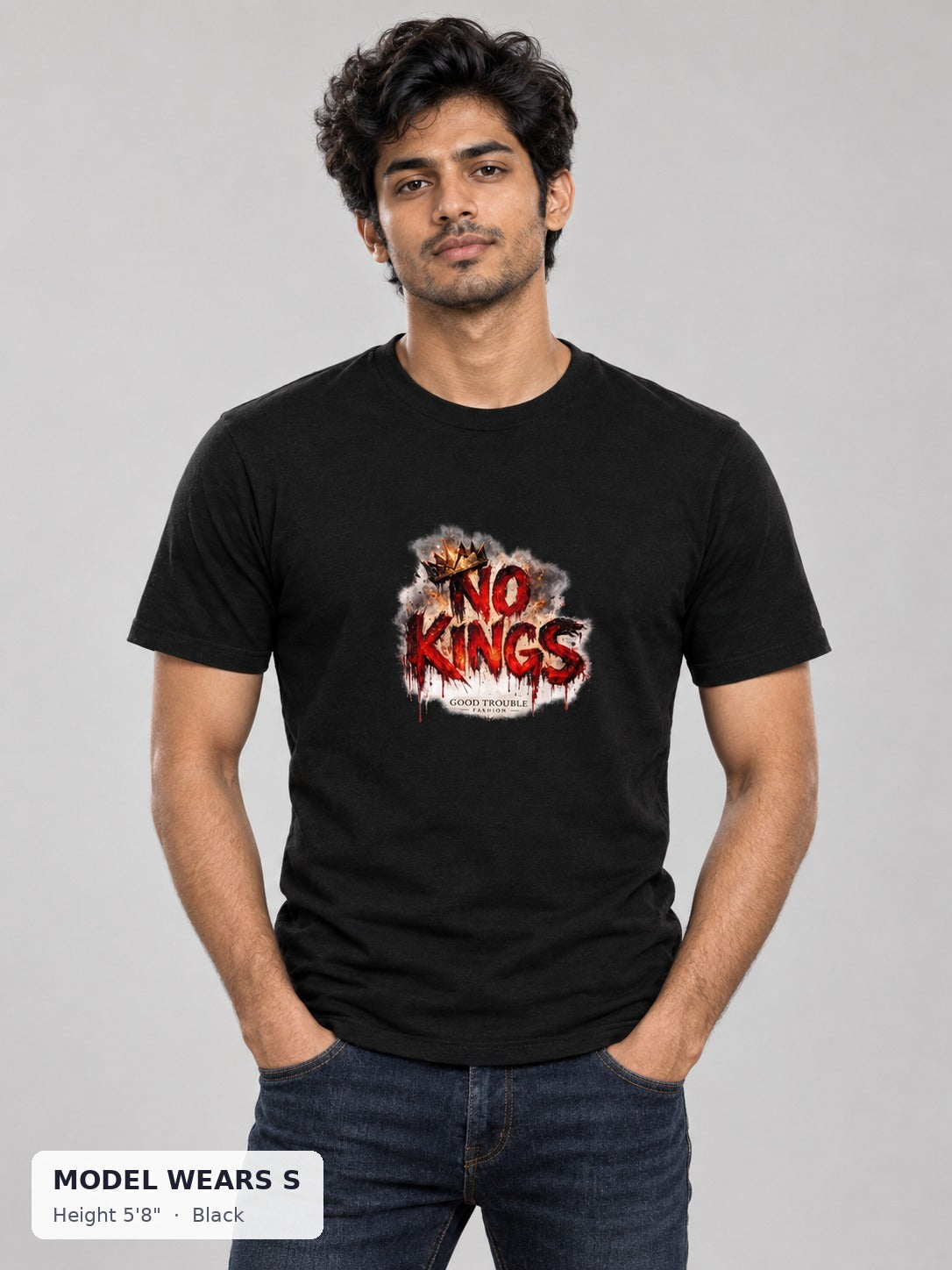 No Kings Tee in Black on a slim model wearing size S, 5'8" - Good Trouble Fashion