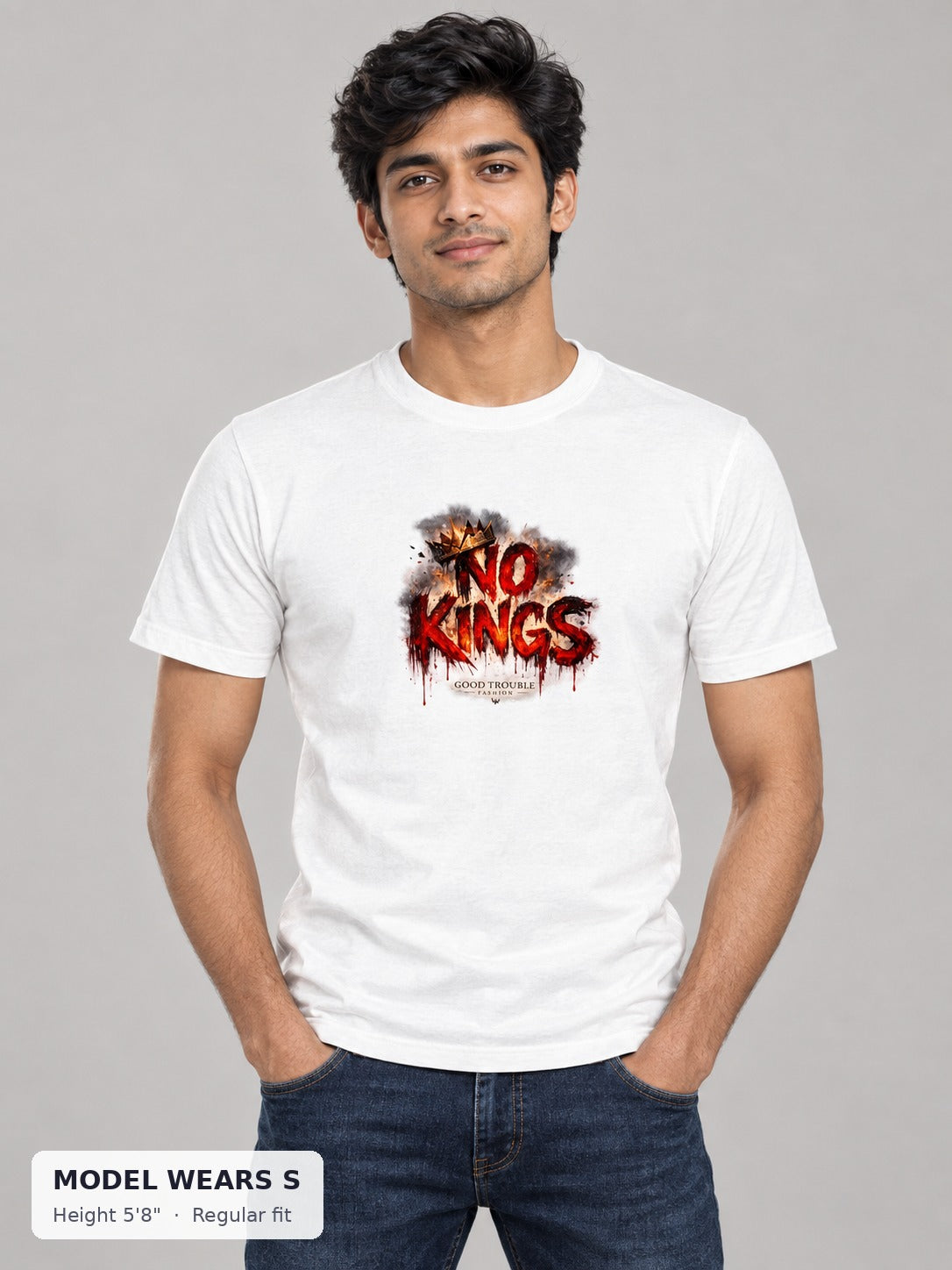 No Kings Tee on a slim model wearing size S, 5'8" - Good Trouble Fashion