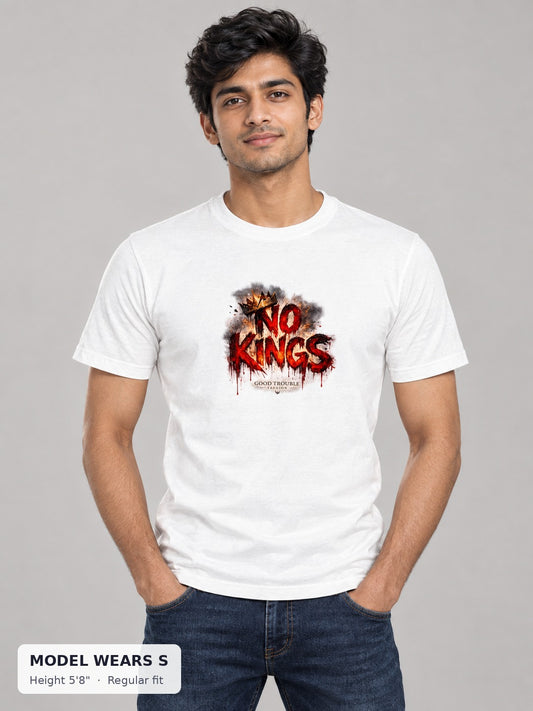 No Kings Tee on a slim model wearing size S, 5'8" - Good Trouble Fashion