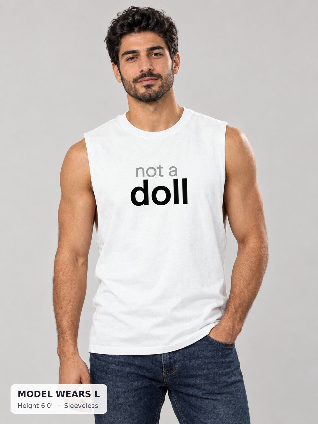 Not a Doll Tee in Sleeveless style on an athletic model wearing size L, 6'0" - Good Trouble Fashion