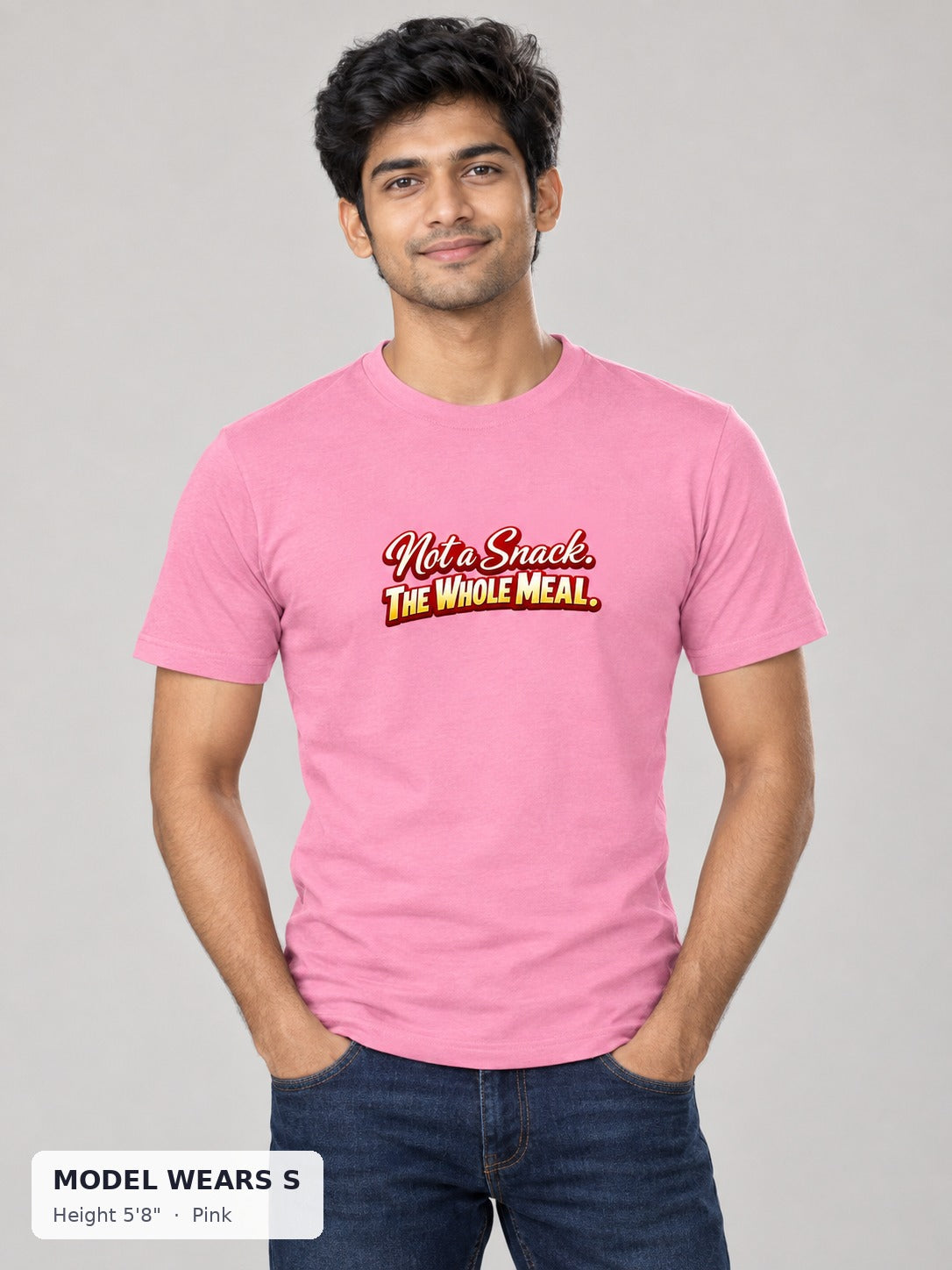 Not a Snack Tee in Pink on a slim model wearing size S, 5'8" - Good Trouble Fashion