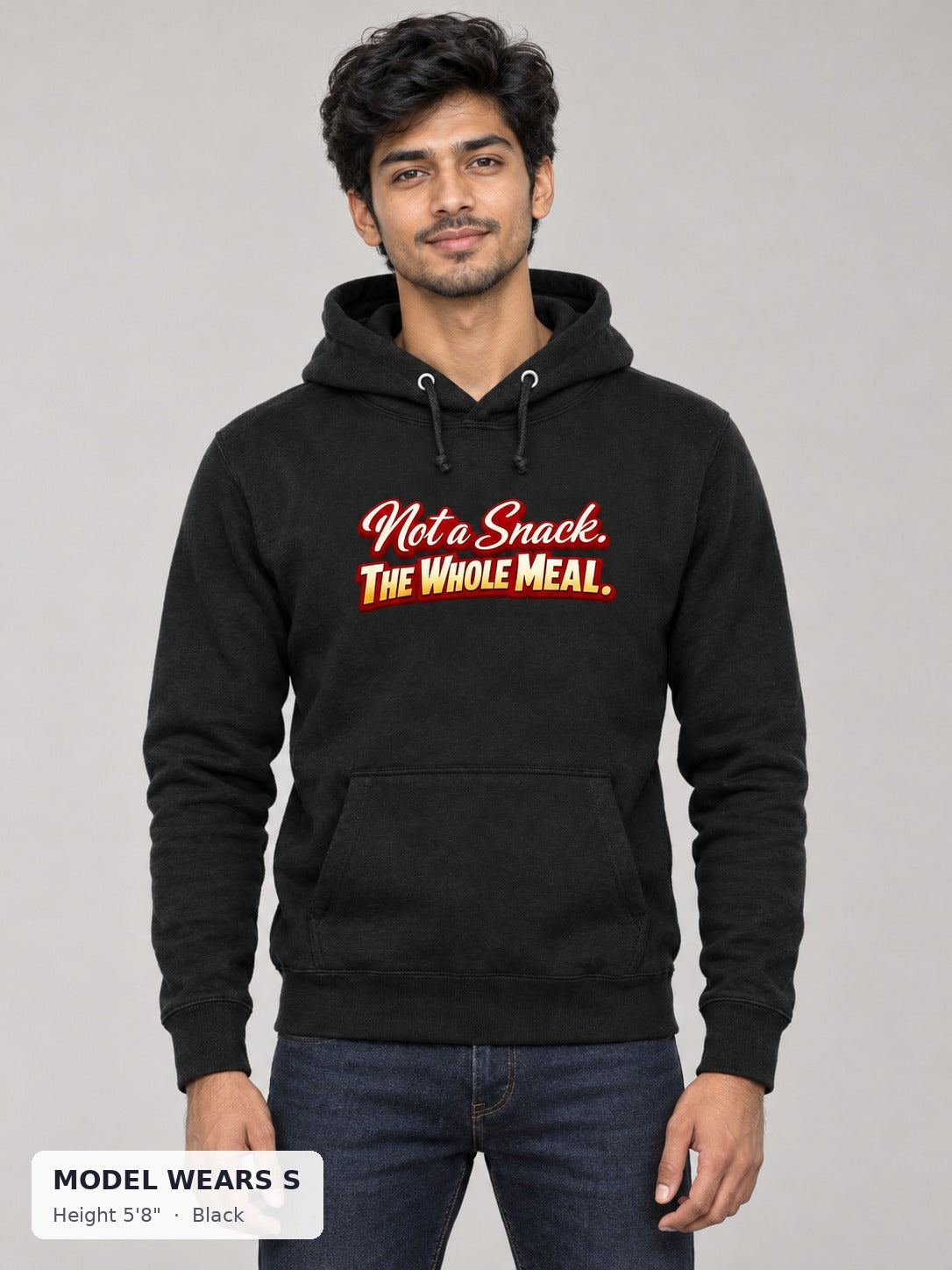 Not a Snack, Whole Meal Hoodie in Black on a slim model wearing size S, 5'8" - Good Trouble Fashion