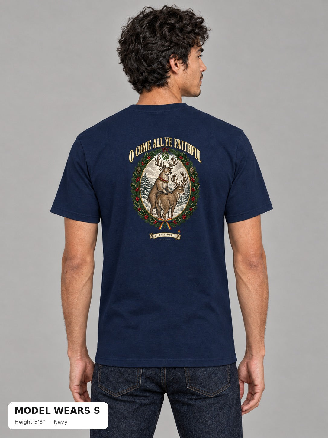 O Come All Ye Faithful Reindeer Tee in Navy on a slim model wearing size S, 5'8" - Good Trouble Fashion