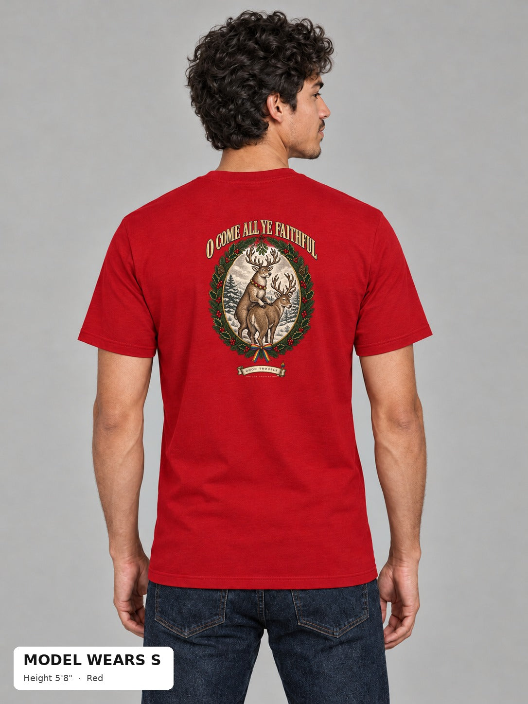 O Come All Ye Faithful Reindeer Tee in Red on a slim model wearing size S, 5'8" - Good Trouble Fashion