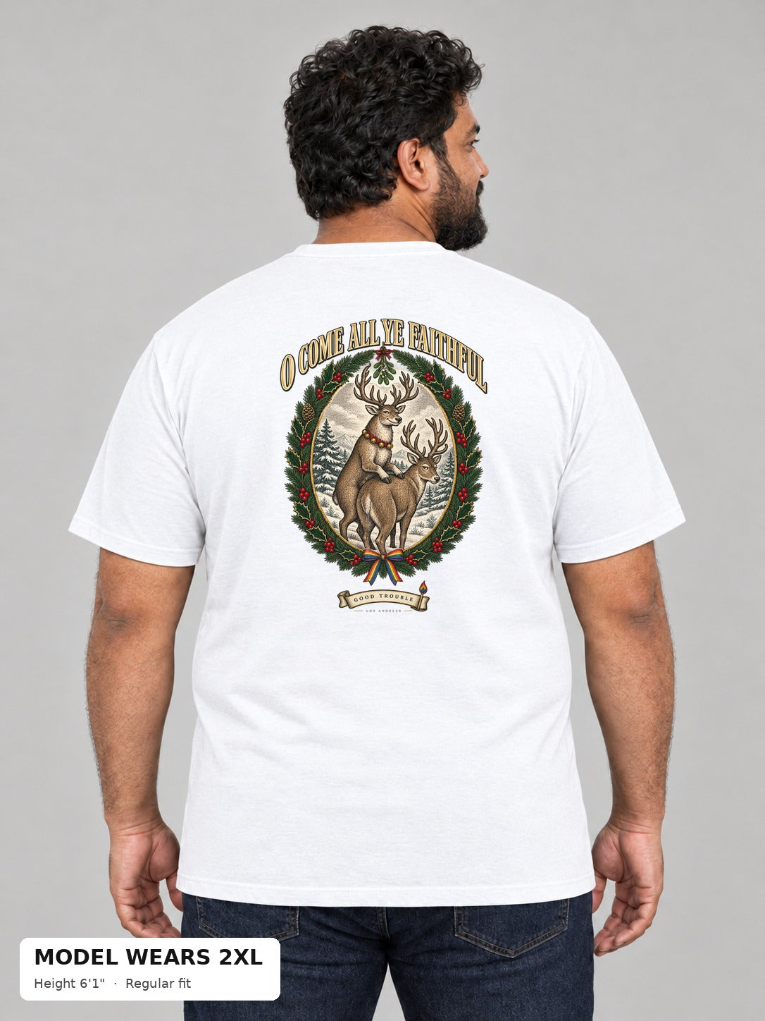 O Come All Ye Faithful Reindeer Tee in White on a plus-size model wearing size 2XL, 6'1" - Good Trouble Fashion